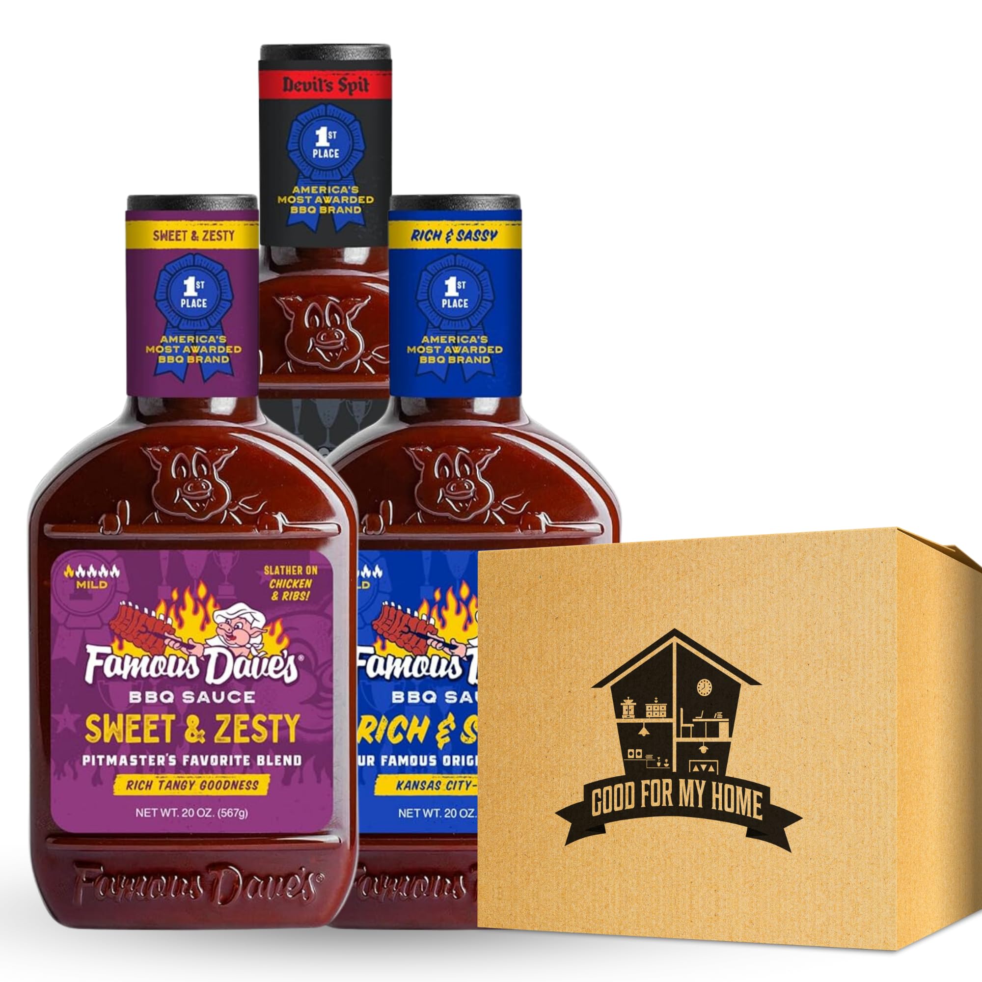 BBQ Sauce Variety Pack Bundle. Three-20 Oz Famous Dave's BBQ Sauce in a Good For My Home Box. One Each of Famous Daves Barbecue Sauce: Sweet & Zesty, Rich & Tangy, and Devils Spit BBQ Sauce!