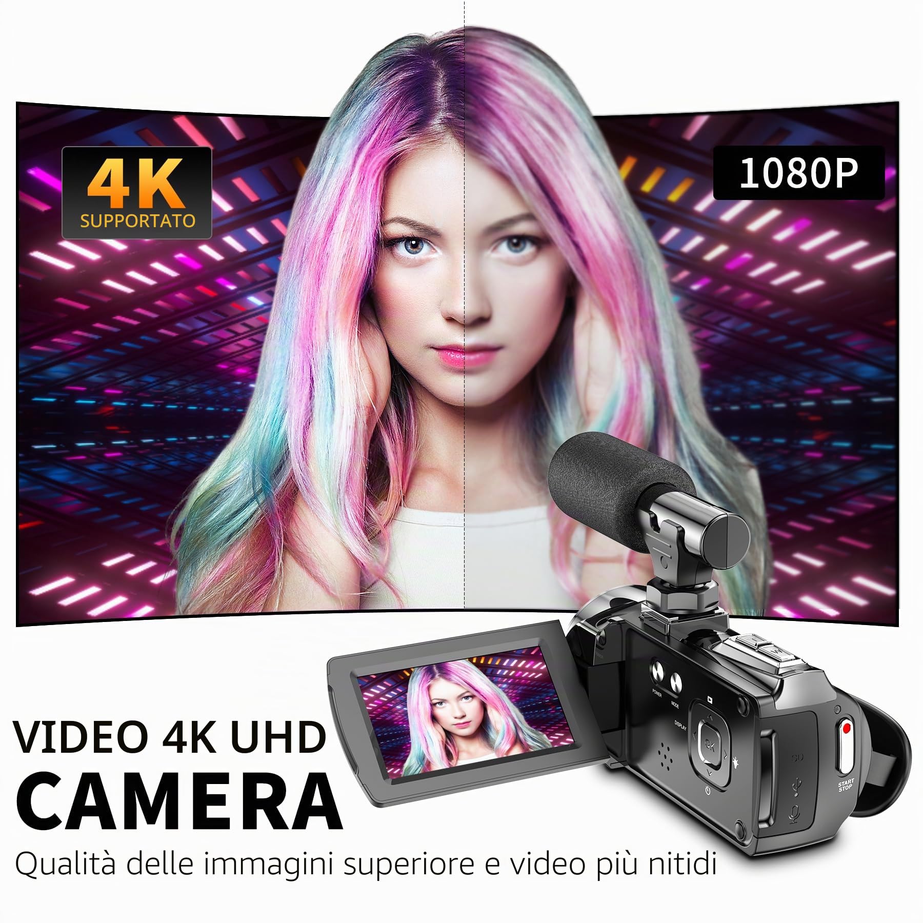 Videocamera, 4K, 36 MP, per fotocamera digitale YouTube 30 FPS, schermo IPS girevole a 270°, con zoom digitale 18x, treppiede, 32G SD & batterie