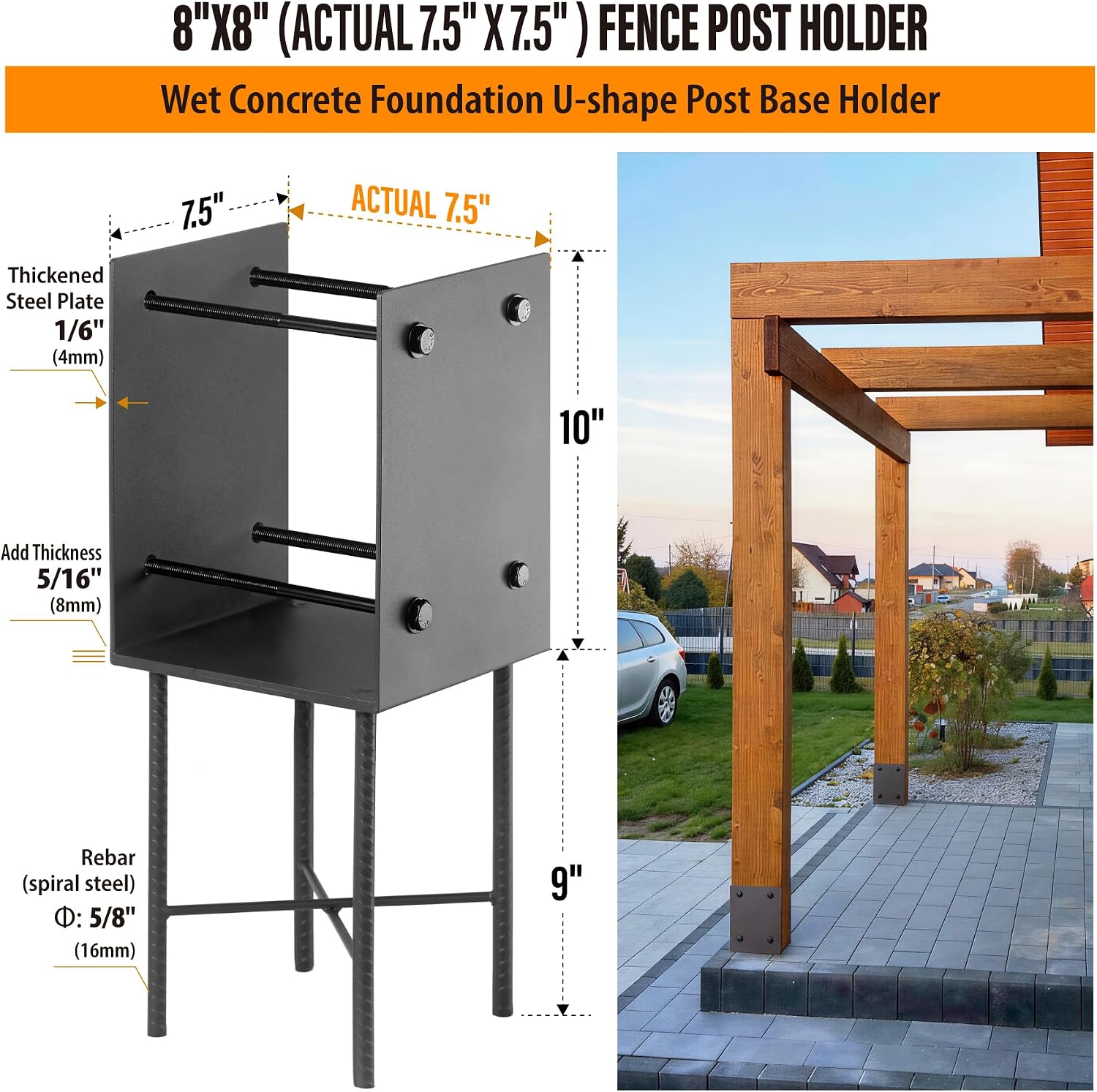 2 Pack Heavy Duty Stainless Steels U-Shape 8"x8"(Actually 7.5"x7.5") Wet Concrete Fence Post Holder, Psot Base, for Fence, Deck Railing, Pergola Wood Post Bracket Anchor (Dark Grey) image 2