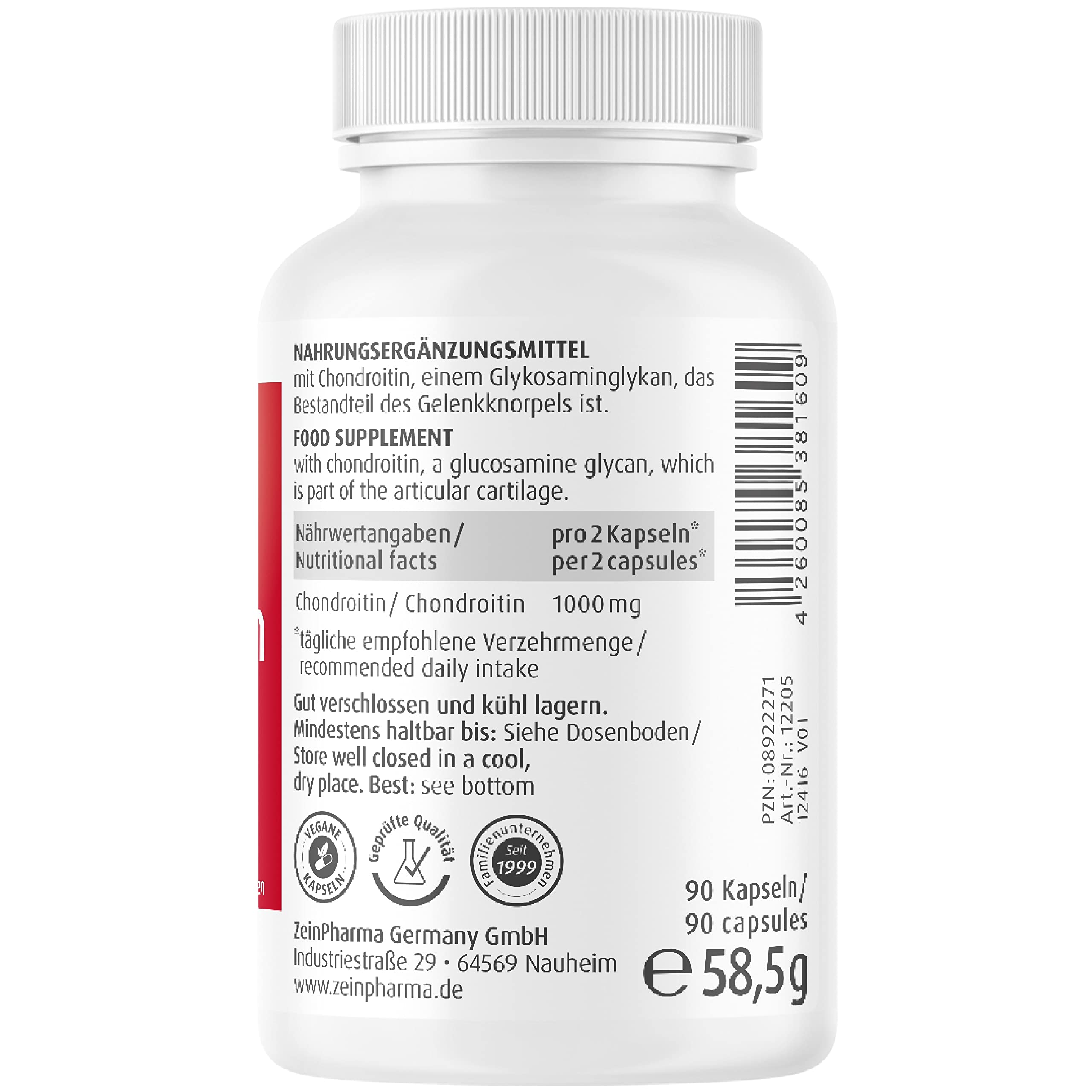 ZeinPharma Chondroitin Kapseln 500 mg (90 Stück) – Nahrungsergänzungsmittel ohne Zusatzstoffe, biologisch, für ihre Gelenke, laborgeprüft