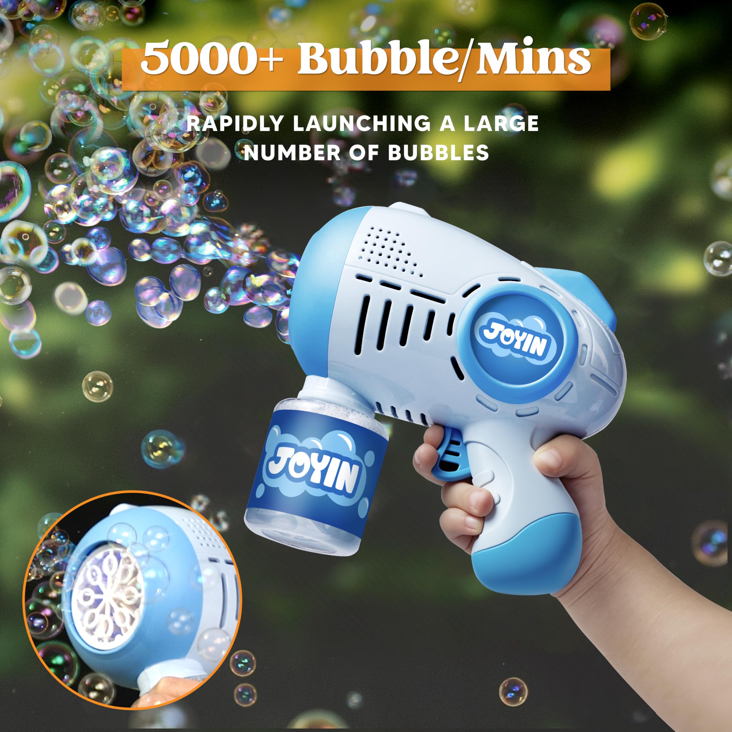 JOYIN 2 pistole a bolle per bambini con 4 bottiglie di soluzione, pistola automatica a bolle con 8 fori per bambini, adulti, giocattoli estivi, regali di Pasqua, regali di compleanno, Verde, Blu