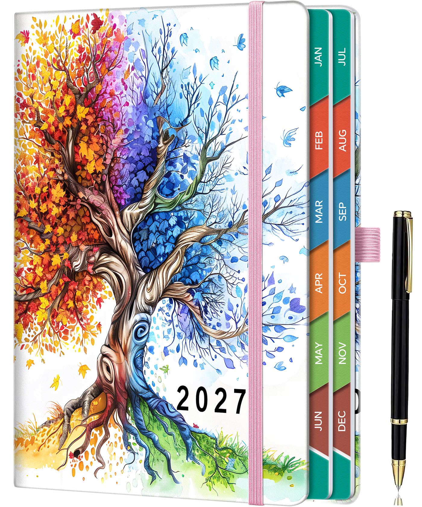 ZXHQ Diary 2027 Page a Day A5 from Jan to Dec, 2027 Diary Day to View, Daily Planner with Monthly Overviews, UK Holiday, Colorful Tabs, Pen Set and Inner Pocket, 5.9" × 8.5"- Tree of Seasons