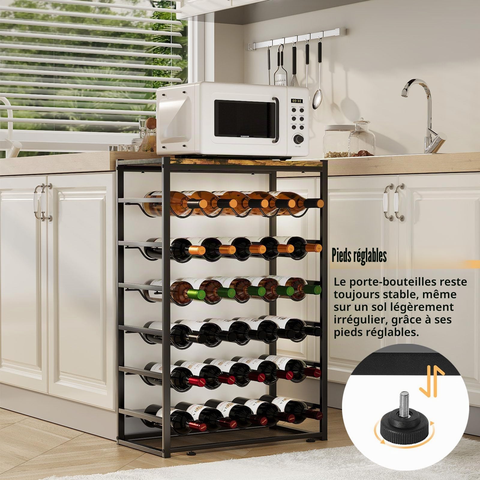 Urban Deco Range Bouteille pour 30 Bouteilles, Casier à vin Noir 59 x 30 x 89 cm, Casier à Bouteilles à 6 Niveaux en métal et Plateau en Bois, Casiers à Bouteille pour la Cuisine Bar Cave