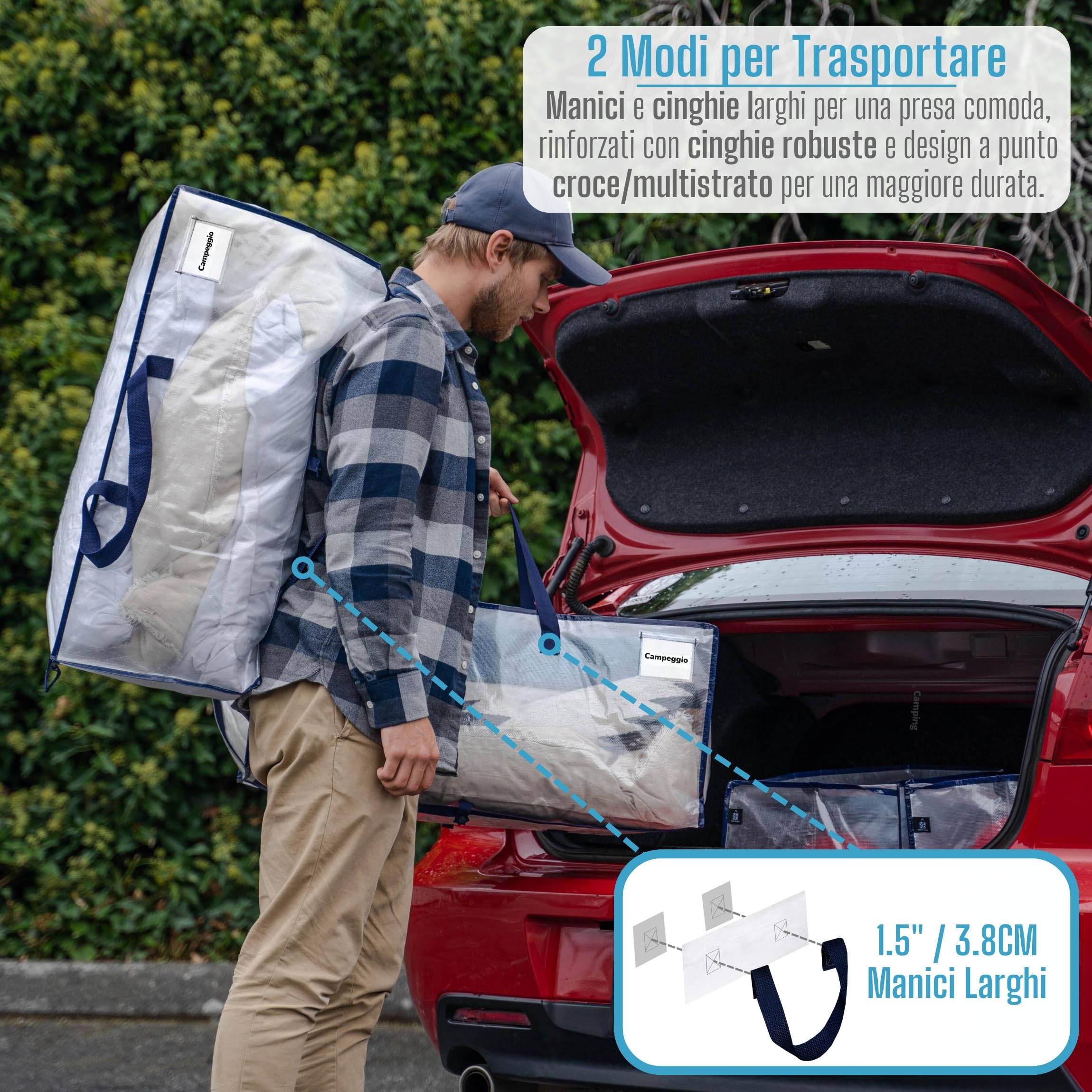 VENO Set da 4 Borse da trasloco extra large, Scatoloni per trasloco con cinghie per zaino, zip e manici resistenti, Scatole per armadio per riporre oggetti, piumoni, vestiti (Trasparente, Set da 4)