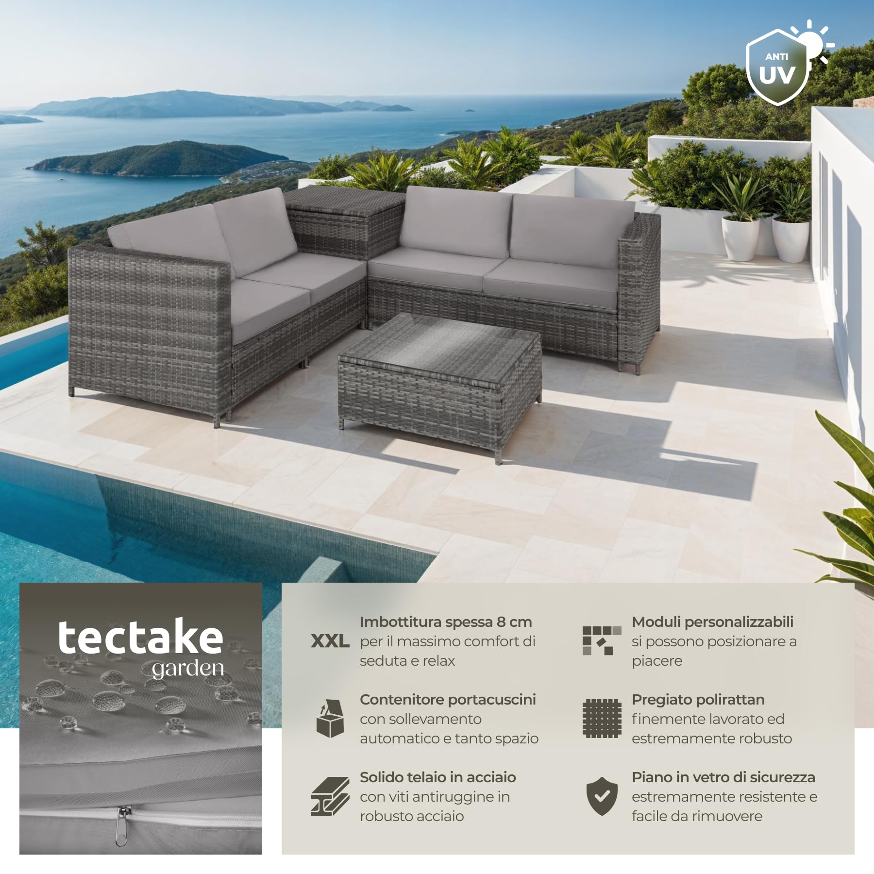 tectake® Salottino in Rattan, 2 Divani per Esterno con Cuscini, 1 Tavolo con Piano in Vetro, 1 Contenitore di Custodia, Salotto da Giardino Esterno, Salottino da Esterno - Grigio/Grigio Chiaro