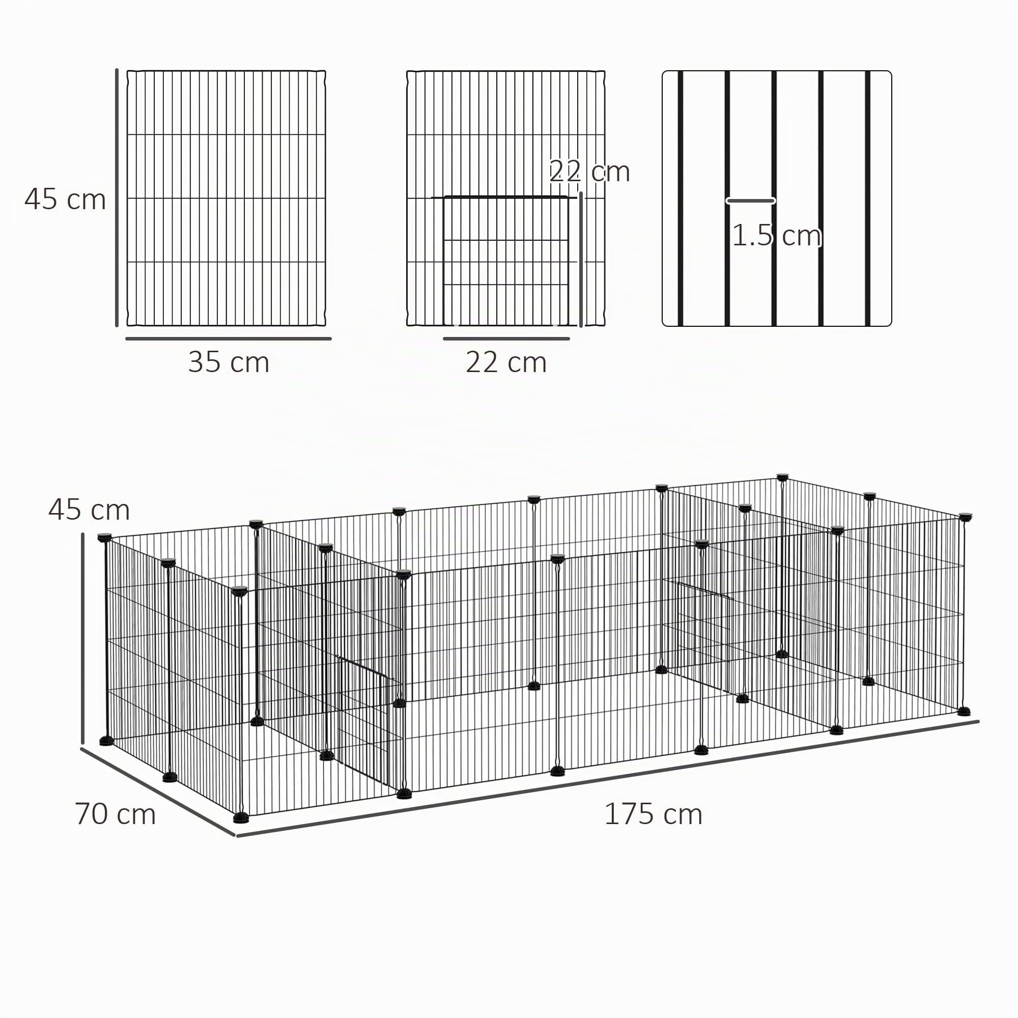 PawHut Cage pour cochons d'Inde, clôture pour Petits Animaux, 18 pièces avec Porte pour extérieur et intérieur 175 x 70 x 45 cm, Noir