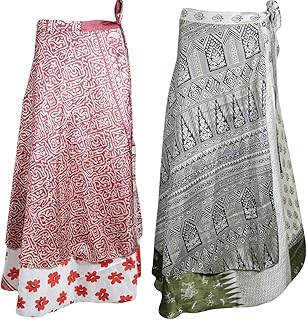 Mogul Interior 2pc Womens Wrap Around Skirt Printed Silk Sari Reversible Hippy Boho Dress OneSize