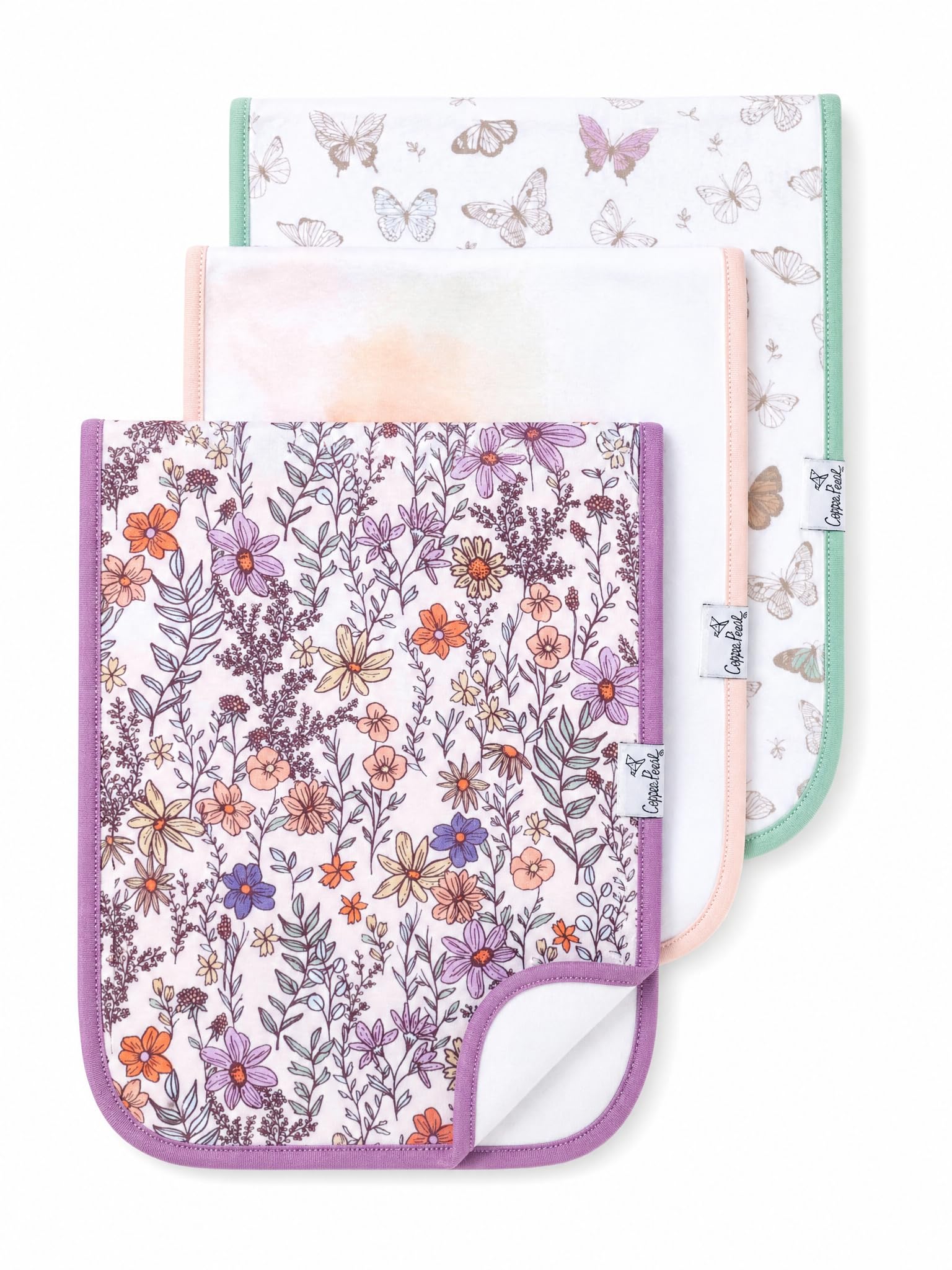 Copper Pearl Premium Baby Burp Cloths - 3-Pack Large Cotton Burp Cloths, Extra Soft Spit Up Rags with 3 Absorbent Layers, Perfect for Baby Boy and Baby Girl Gifts (21" x 10" Size, Flora Set)