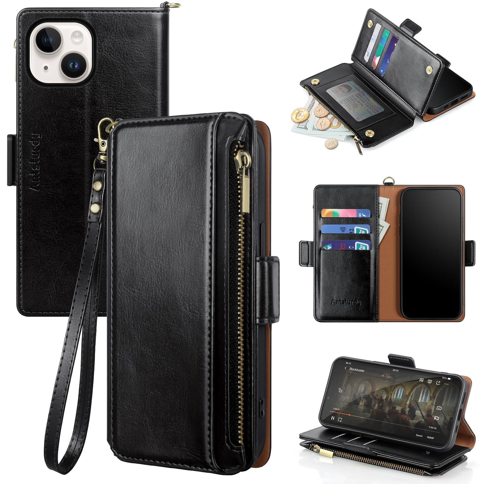 Antsturdy Compatible with iPhone 15 Wallet Case Card Holder【RFID Blocking】 PU Leather Phone Case Women Men flip Protective Cover Wrist Strap Zipper