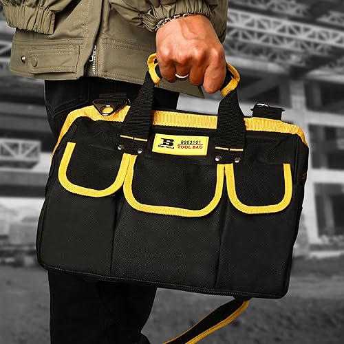 Miniatura 6 de Bolsas de herramientas de 13 pulgadas con parte inferior suave impermeable, múltiples bolsillos de boca ancha para herramientas con correas