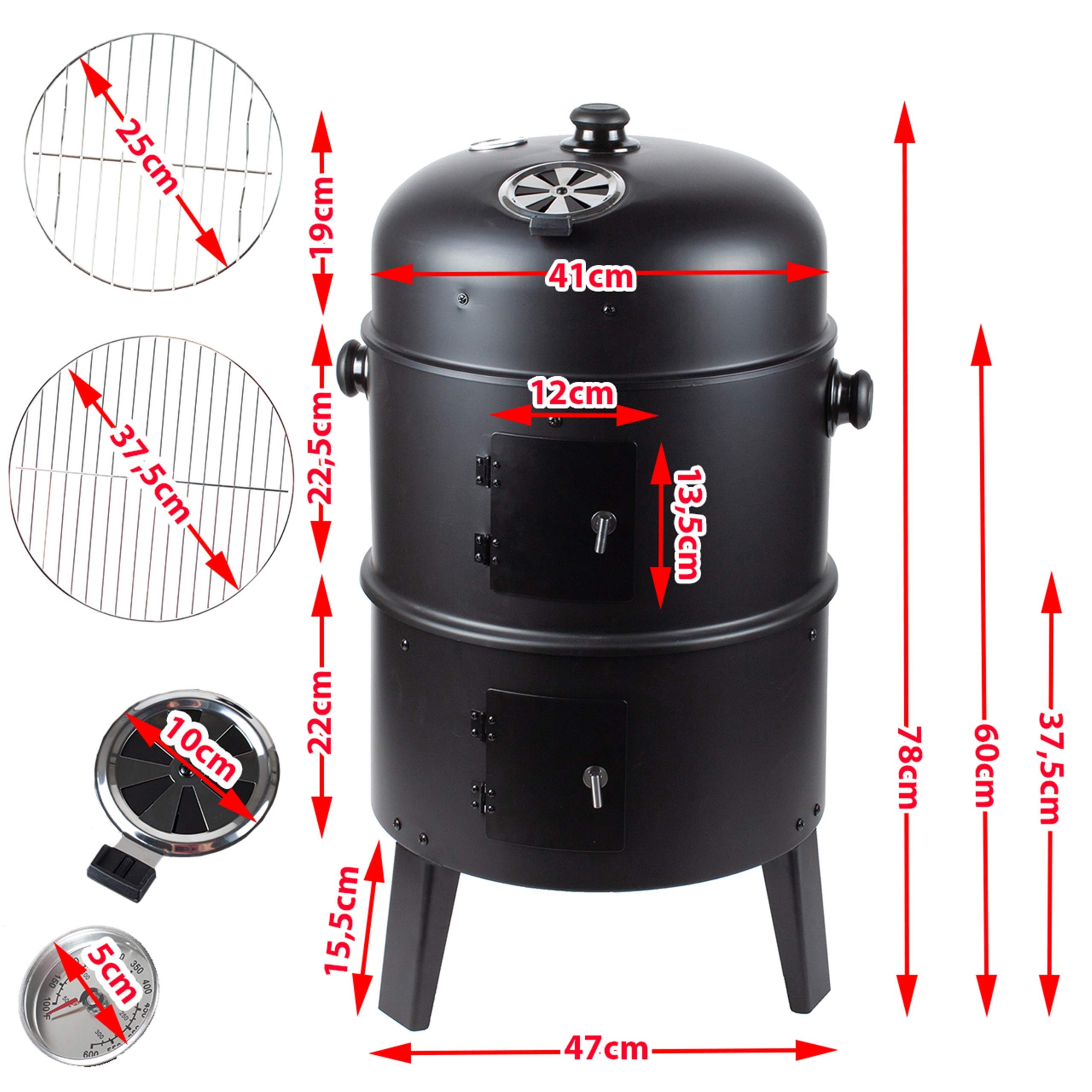 GrillMaster Grill Węglowy SmokeHouse GM8000 + Wędzarnia + Termometr, Ogrodowy, Wędzenie, Gotowanie na Parze, Dwie Misy, Funkcja Paleniska