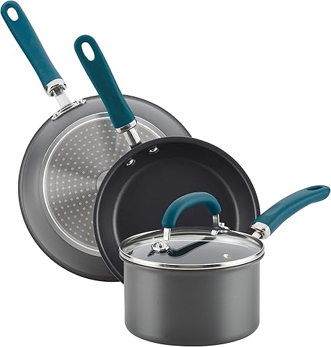 Miniatura 9 de Rachael Ray Create Delicious - Juego de ollas y sartenes antiadherentes anodizadas duras, 11 piezas, color gris con asas verde azulado