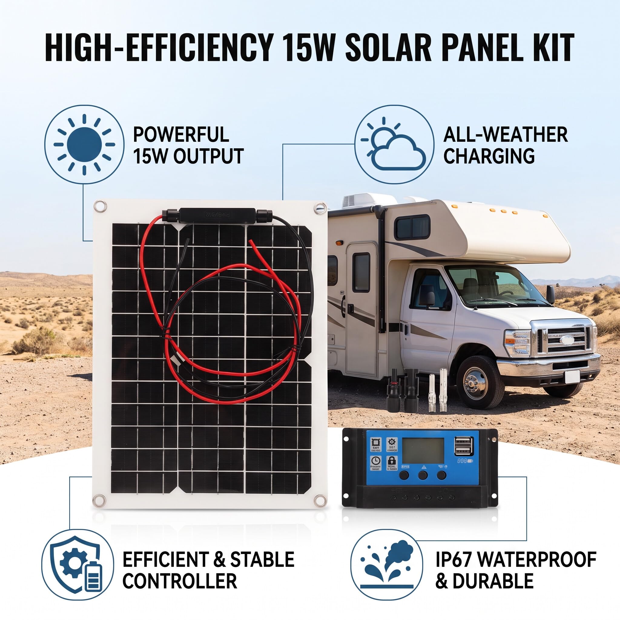Pannello Solare 300W Alta Efficienza per Campismo e Outdoor con Regolatore di Carica IP67 - Kit Solare Completo 12V/24V 50A per Auto e