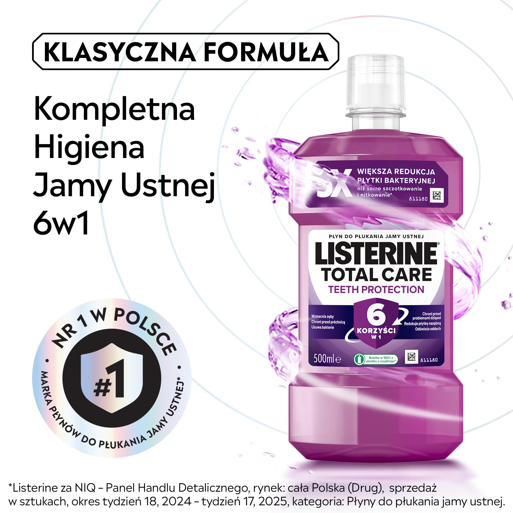 LISTERINE Total Care (6 x 500 ml), Płyn do płukania jamy ustnej, czyści i chroni zęby. Usuwa aż do 97% szkodliwych bakteri, odświeża oddech aż do 24 godzin, Utrzymuje zdrowe dziąsła,