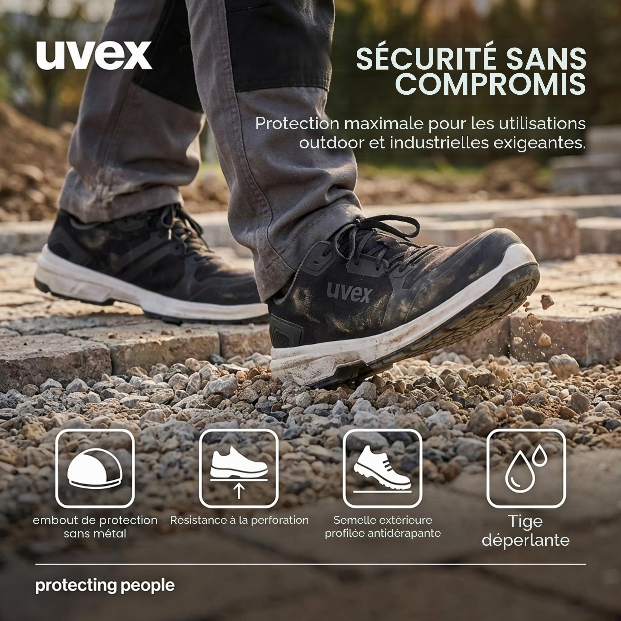 Uvex 1 Sport - Chaussures de Travail pour Hommes S3 SRC ESD - Baskets Légères de Sécurité avec Embout - Velours - Noir