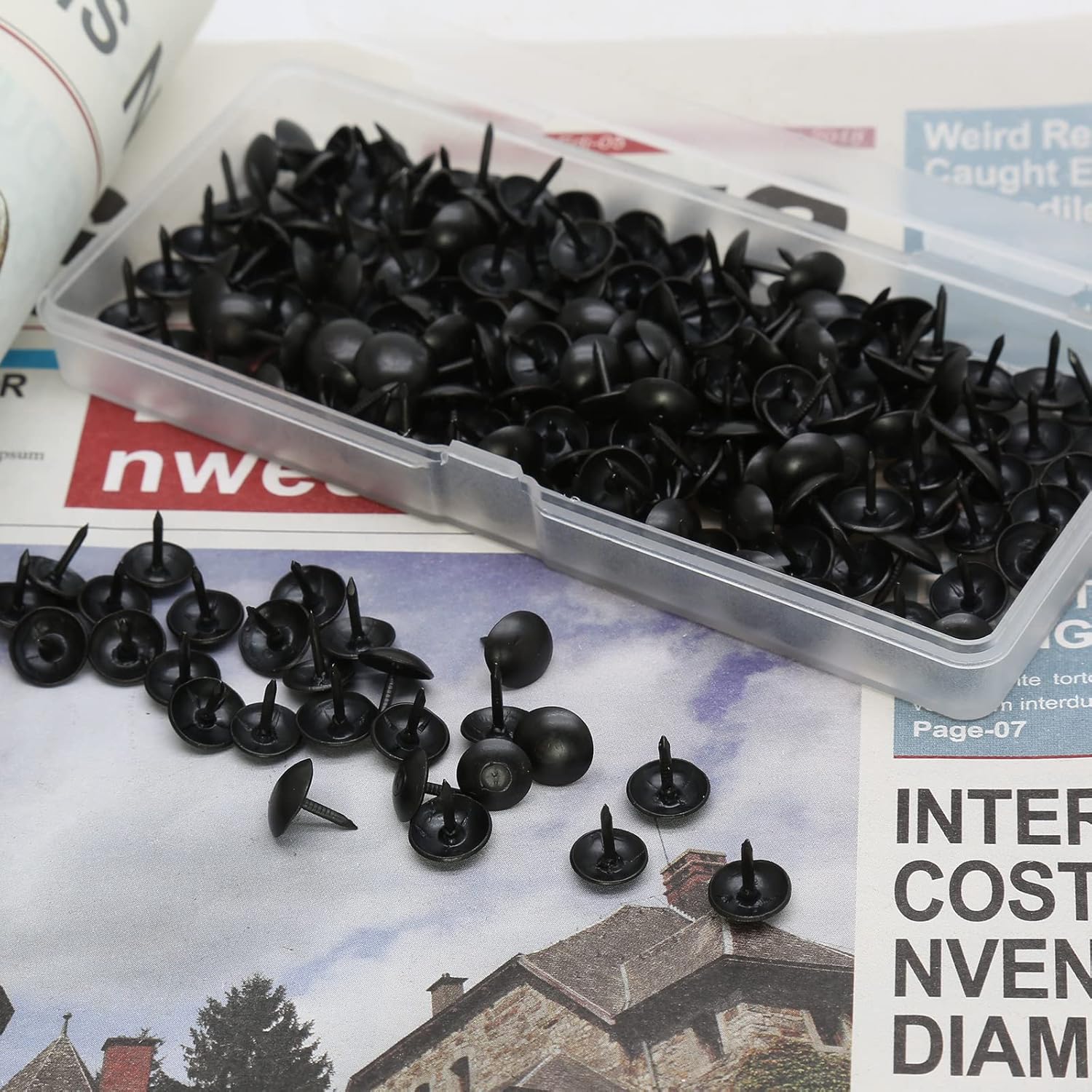 200 Pcs Thumb Tacks, Metal Round Head Push Pins, 9x9mm Decorative Upholstery Tacks for DIY Projects, Furniture, Sofa, Chair & Bed Fixing (Black)