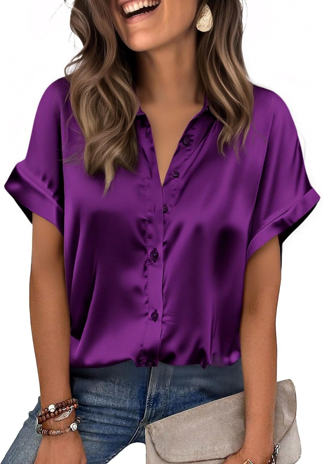 Zeagoo Womens Satin Blouse Short Sleeve Silk Tops Button Down Shirts Business Casual Outfits