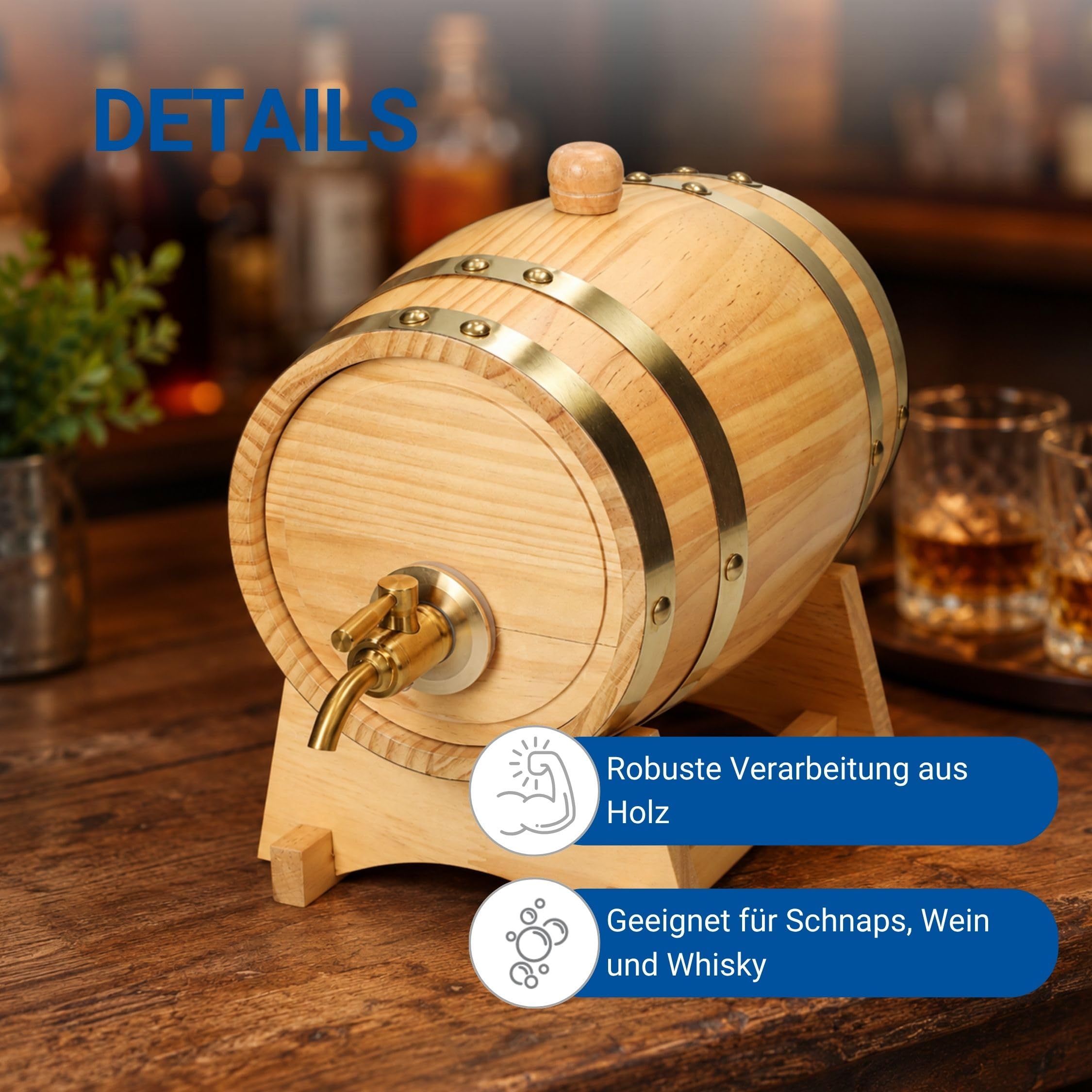 Holzfass 'Timber' 5 l - kleines Weinfass mit Zapfhahn, Beutel und Bock - dekoratives Fass für Whisky, Wein und Schnaps - Geschenkidee