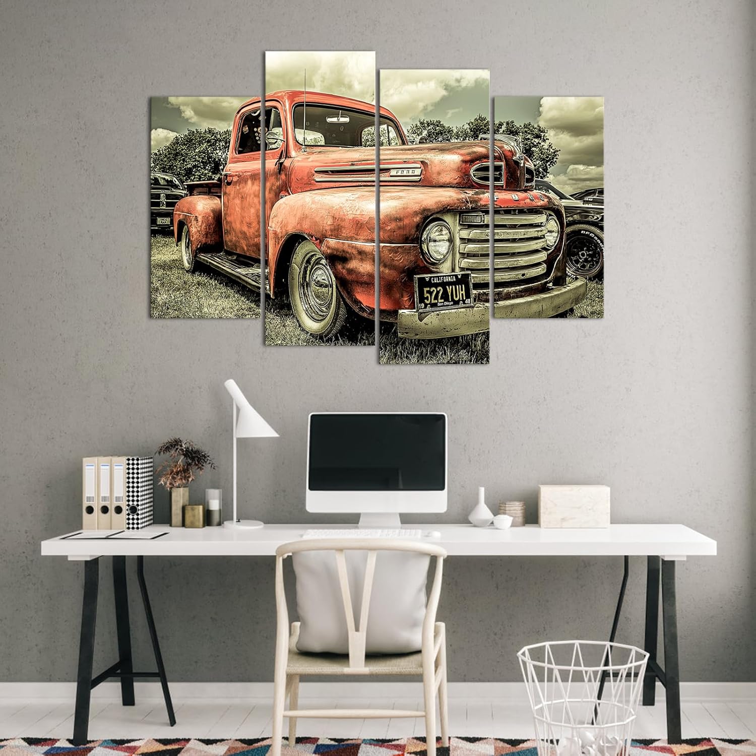 VANSEEING 4 Panel Vintage Car Wall Art Classic Car in the Field Wall Decor Red Metal Truck Canvas Picture Posters for Boys Room Decor Stretched and Framed Ready to Hang H-32 x W-48