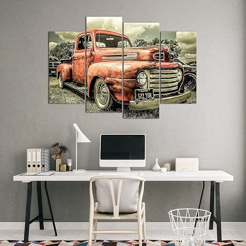 Miniatura 4 de VANSEEING 4 paneles de arte de pared de automóvil clásico en el campo, decoración de pared de camión de metal rojo, póster de lienzo para decoración