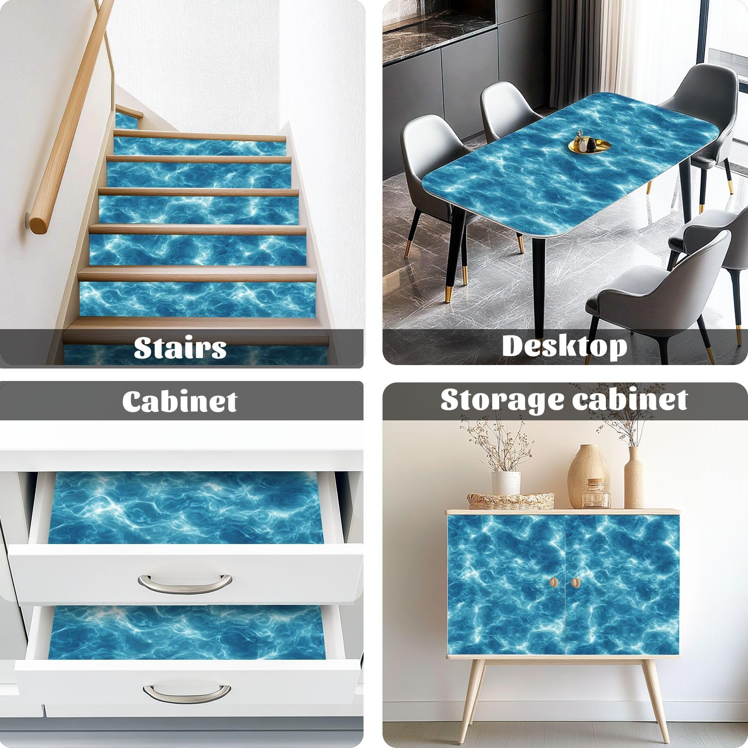 Rivestimento per mensole e armadietti, superficie dell'acqua blu, riflessi di luce solare, senza cuciture, autoadesivo, 45 cm x 3 m, carta da parati per armadi da cucina e cassetti