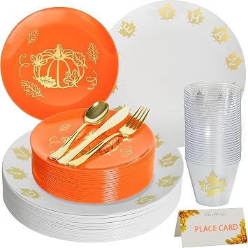175PCS Plastic Thanksgiving Dinnerware Set for 25 Guests,Heavy Duty Plastic Disposable white Dinner Plates,Gold Turkey Pumpkin Dessert Plates,Gold Silverware,Thanksgving Cups