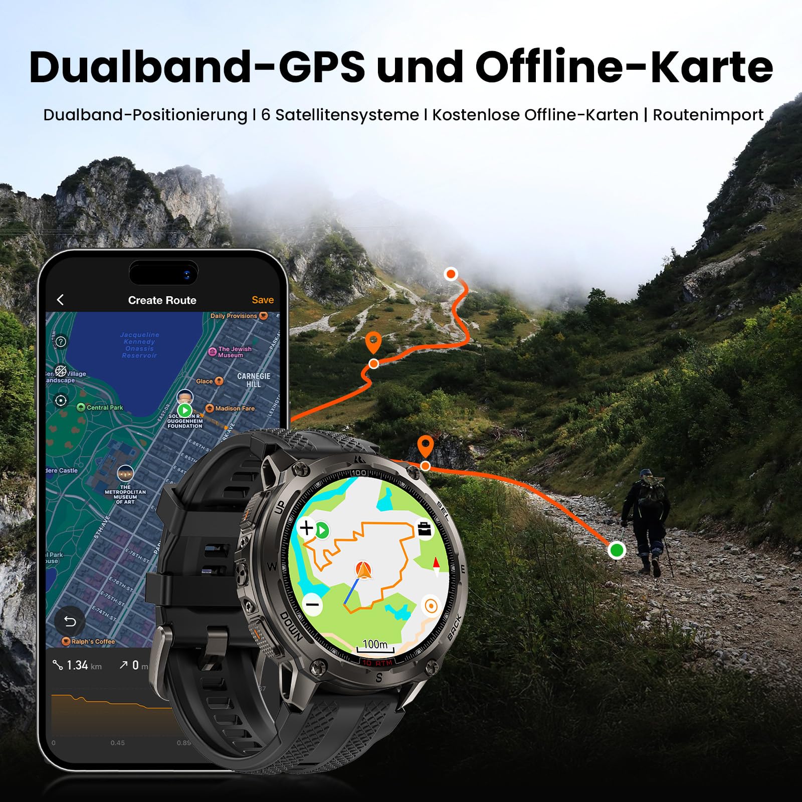KOSPET Tank T4 GPS Smartwatch Herren, Voll Edelstahl, Offline-Karten | Robuste Militär Watch, 1,43" AMOLED, 10ATM Wasserdicht (45 m Tauchen), 180+ Sportmodi, 24/7 Herzfrequenz/Schlafmonitor