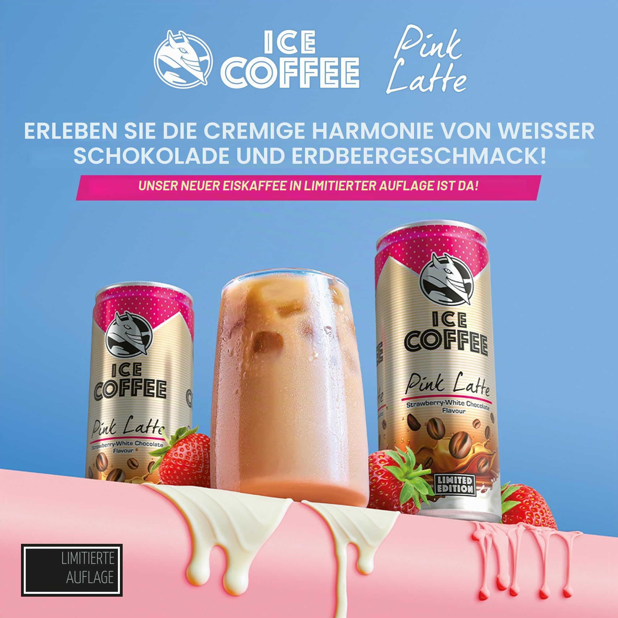 HELL Ice Coffee Pink Latte Limitierte Auflage Erdbeere weiße Schokolade 24 Dosen 250 ml Multipack 40 mg/100 ml Koffein Arabica-Kaffee-Extrakte trinkfertig