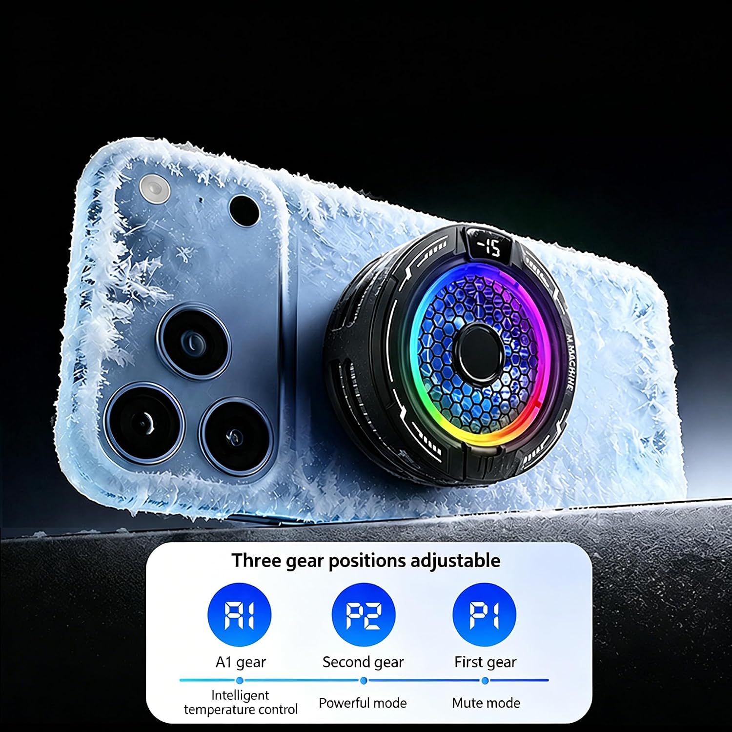 Magnetic Phone Cooler, Low Noise USB Cooling Fan with Smart Temp Control, RGB Light, Magnetic Ring & Clip Compatible, Cellphone Radiator for iPhone Magnetic Series/Android/Tablet/iPad