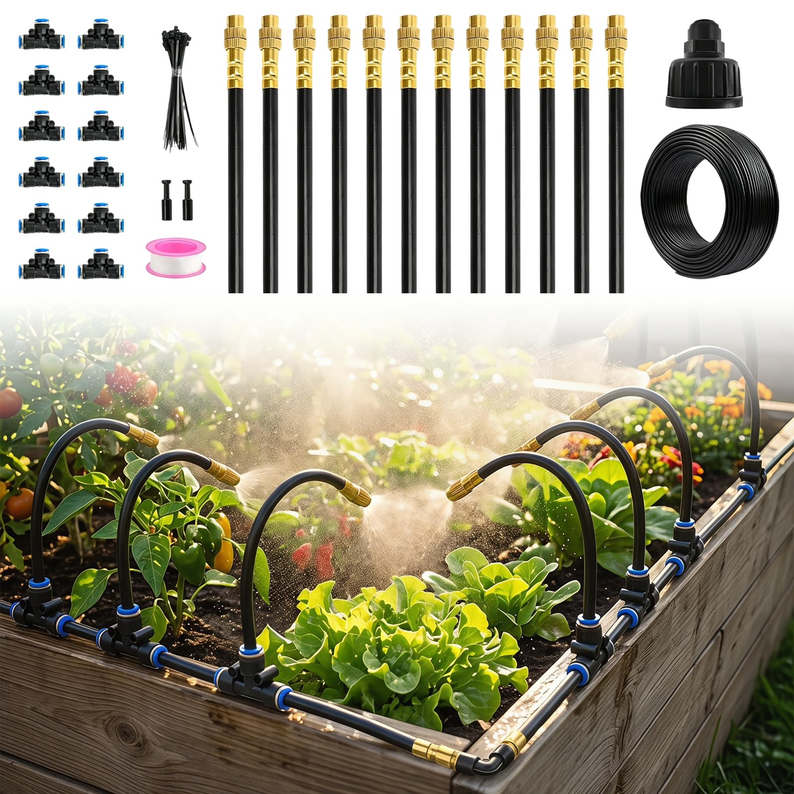 Kit de Riego por Goteo Automático 360° para Jardín, 15m Manguera con 12 Boquillas Nebulizadoras Ajustables en Latón, Instalación Rápida para Macetas, Huerto, Terraza, Césped