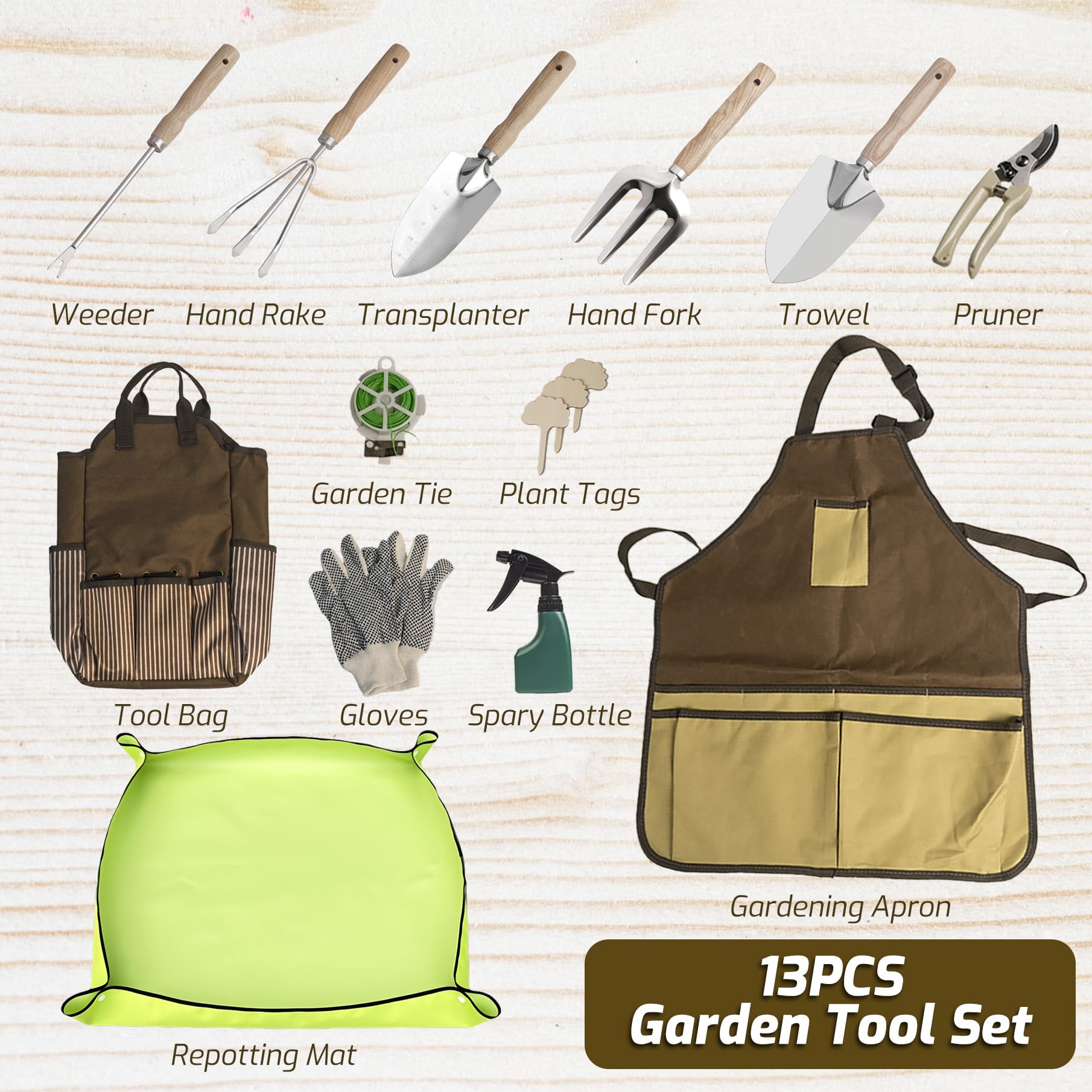 Juego de herramientas de jardín de 13 piezas con bolsa de mano y delantal, alfombrilla de trasplante – Kit de plantación resistente de acero inoxidable, asas ergonómicas antideslizantes