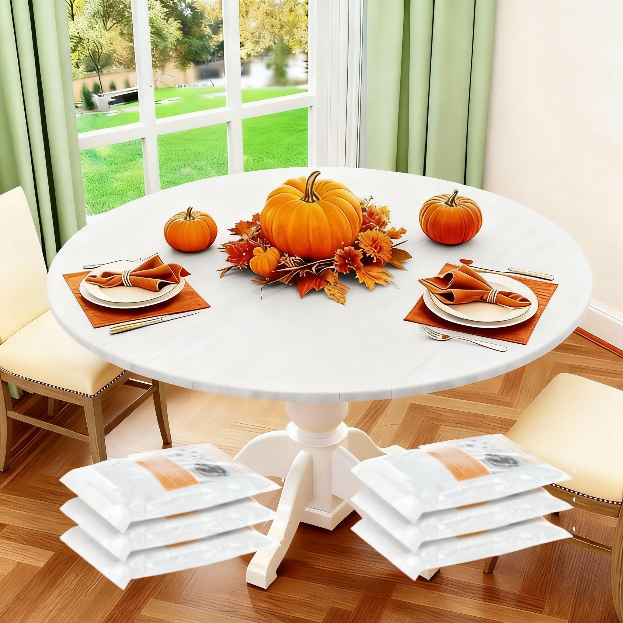 Boao 6 Pcs 60 Inch Round Plastic Fitted Tablecloth with Elastic Edge Design Waterproof Table Cover Plastic Tablecloth Protector for Thanks Giving Christmas Party Table (White)