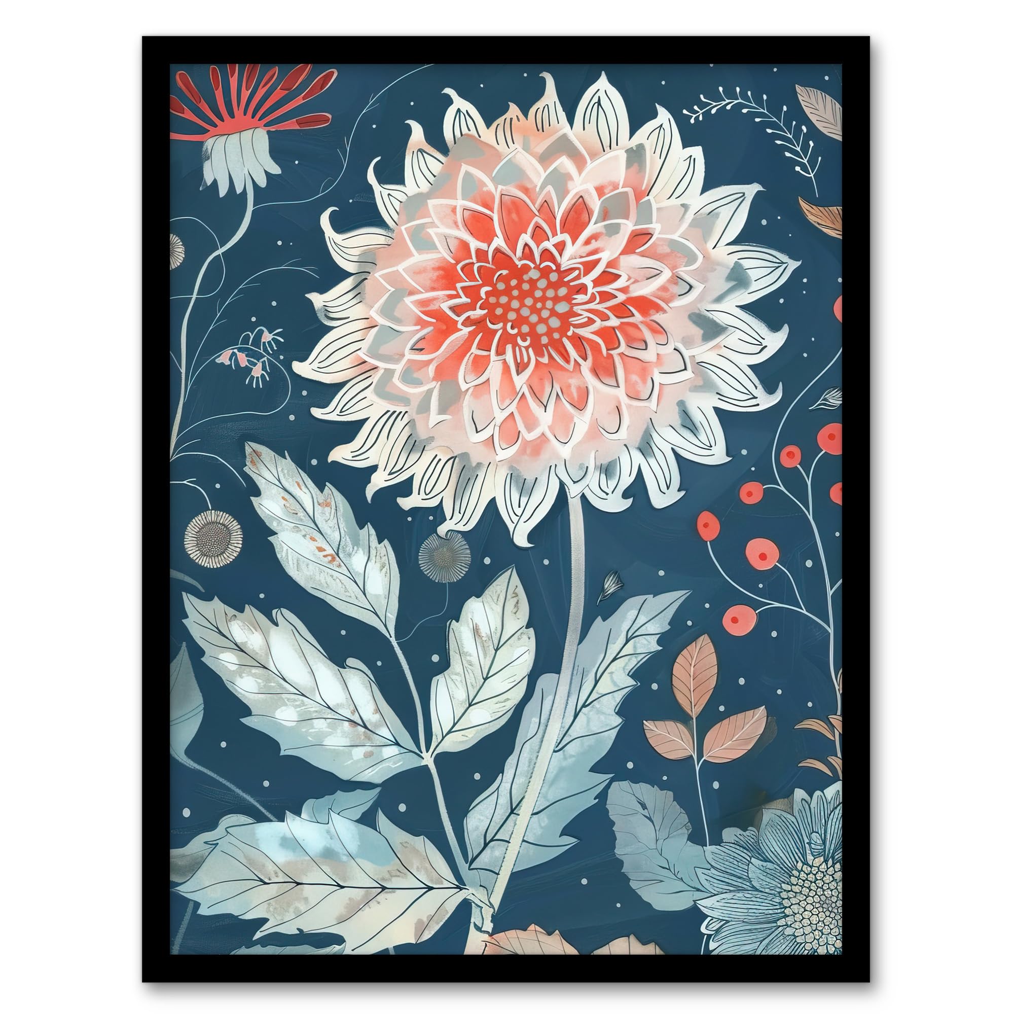Artery8 Single Red Dahlia Flower Blue Botanical Artwork Wall Art PrintA4 Size from B&Q