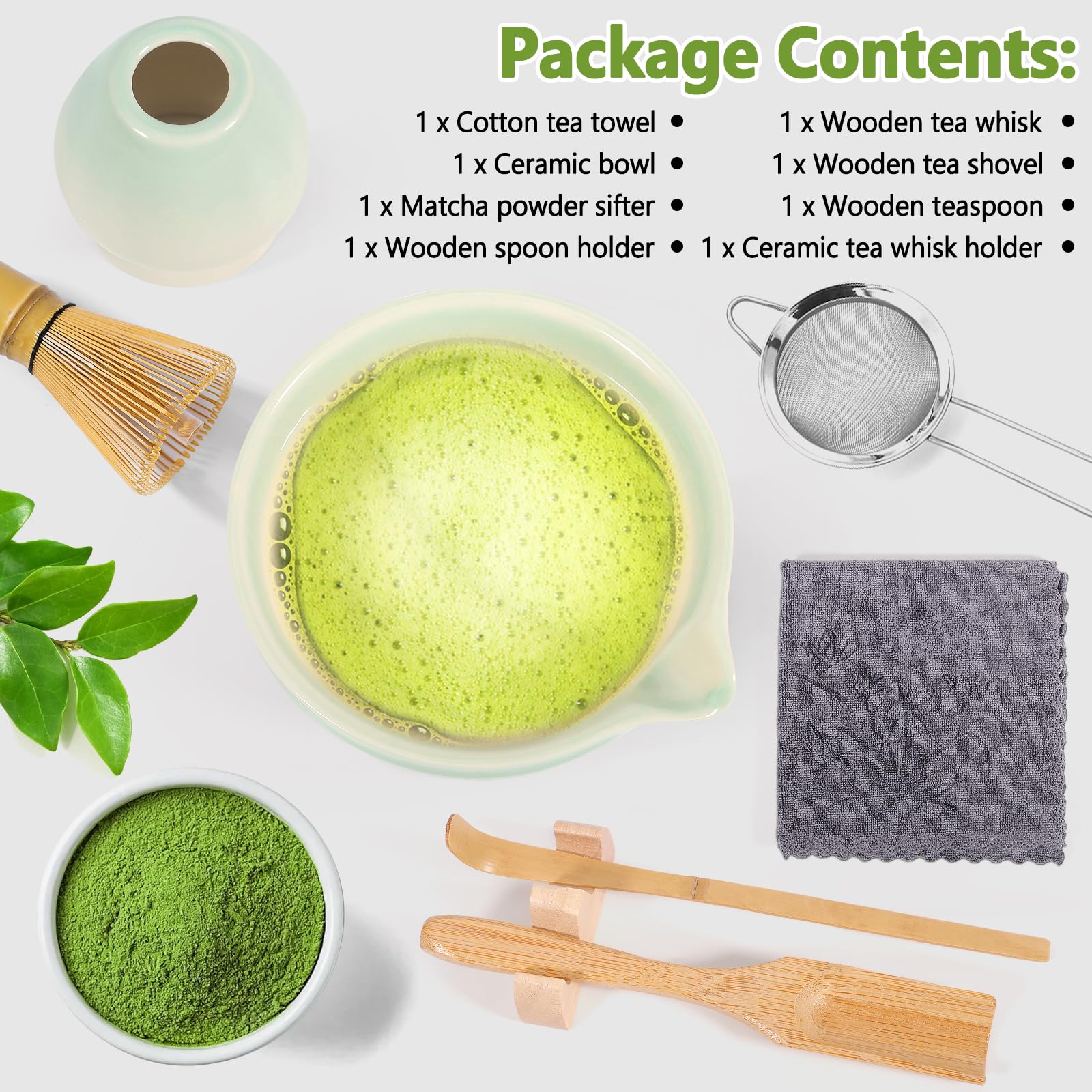8-częściowy Zestaw do Matchy, Akcesoria Matcha, Miska do Matchy z Wylewkiem, Pędzel do Matchy, Łyżeczka, Szpatułka, Pomysł na Prezent dla Miłośników mat-chy i Początkujących (Zielony)
