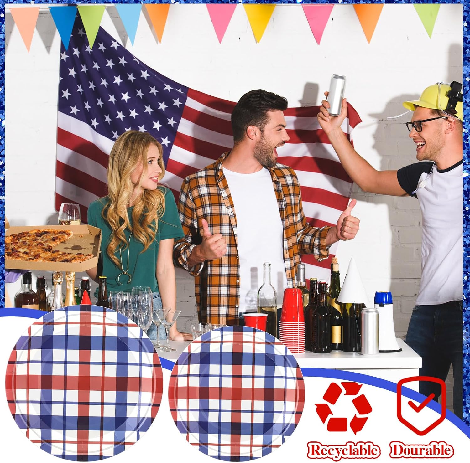Shellwei 350 Pcs 4th of July Party Supplies 250th Anniversary Patriotic Paper Plates and Napkins Cups Red White and Blue Buffalo Plaid Tableware Set for Memorial Independence Day Party Decorations