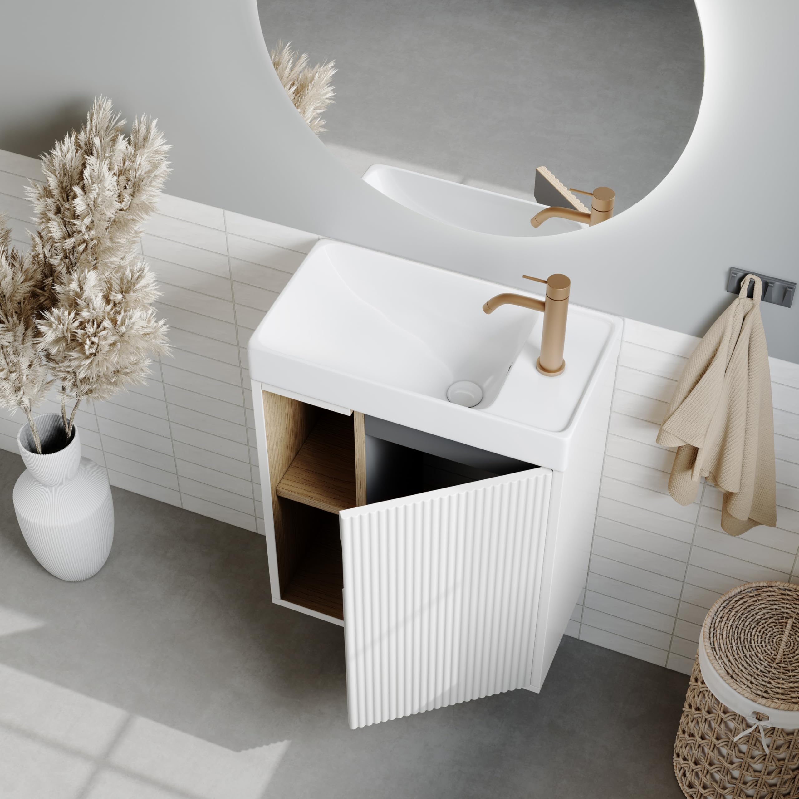 Meuble de lavabo Mural 46 cm avec lavabo – Meuble de Toilette étroit avec Porte rainurée à Fermeture Douce et étagère Ouverte, Blanc Mat/Golden Sand