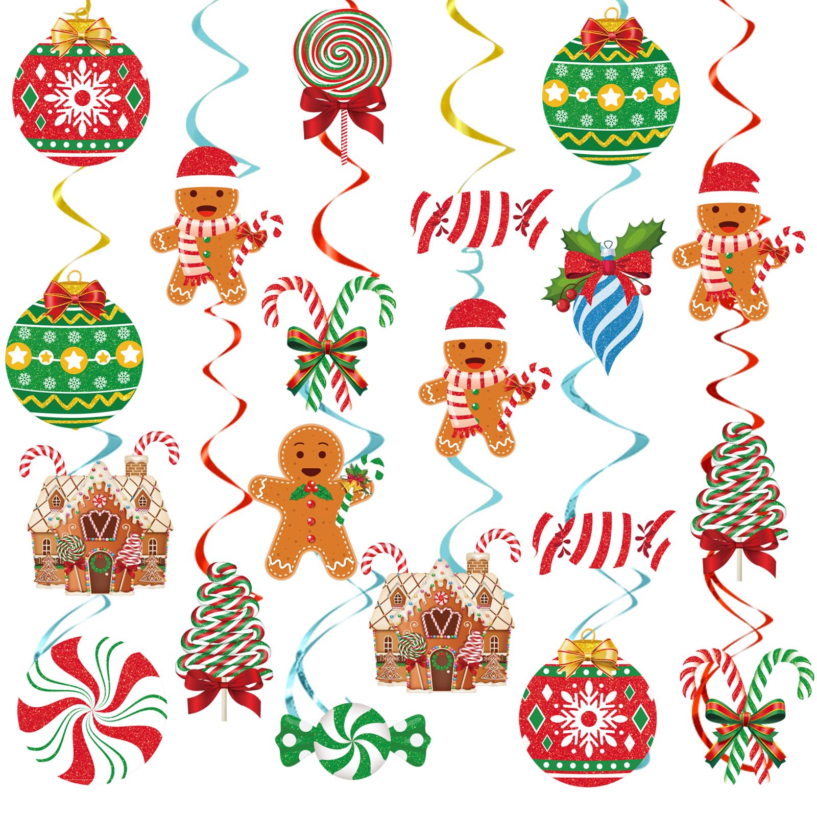 Christmas Ceiling Hanging Decorations - 30 Pcs Candy Gingerbread Christmas Decorations Indoor Glitter Foil Hanging Swirls Xmas Decoration Lollipop Candyland Gingerbread House Christmas Decors