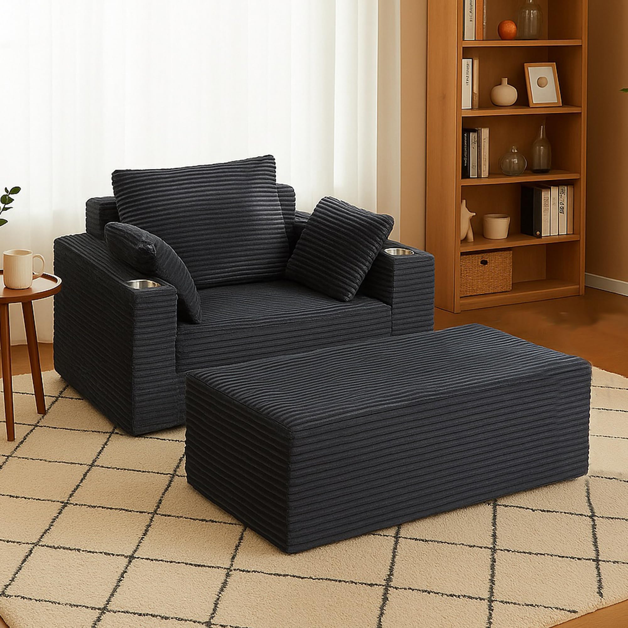 54"W Oversized Chaise Lounge Chair Indoor, Boneless Chaise Lounge Couch, Convertible Comfy Reading Chairs, Corduroy Sleeper Couch Chair for Living Room, Compression Sofa with Ottoman, Dark Grey