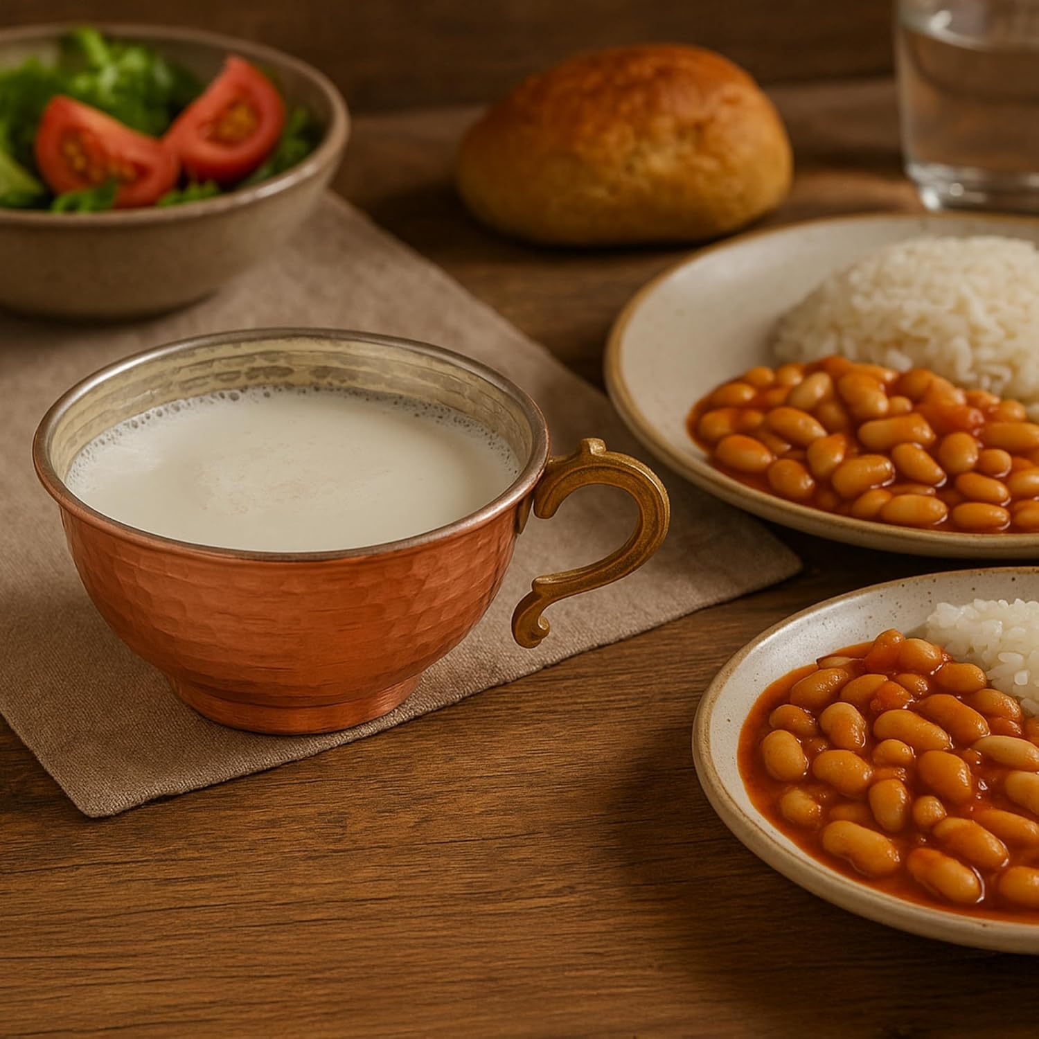 Set of 2 – Traditional Handcrafted Copper Ayran Bowl with Brass Handle – 16.9 Fl Oz. Turkish Serving Cup for Yogurt Drinks, Soups, Water or Decorative Use – Hammered Design