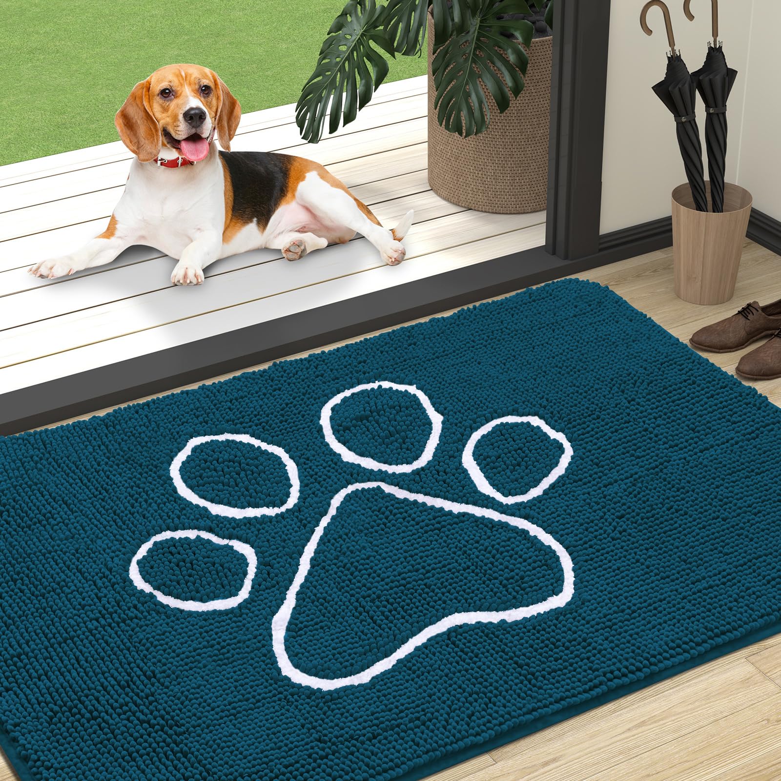 OLANLY Door Mat for Muddy Dog Paws 47x32, Absorbent Chenille Mud Doormat with Paw Print Design, Non-Slip Washable Doormat for Indoor Entryway, Quick-Dry Pet Bed Mats for Dirty Dogs, Atlantic Blue โ image 1