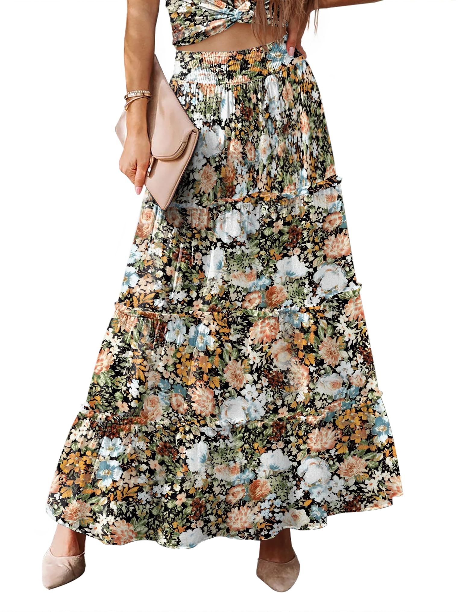 Women’s Summer Boho Maxi Skirts Smocked High Wasited Flowy Tiered Ruffle A Line Long Beach Skirt