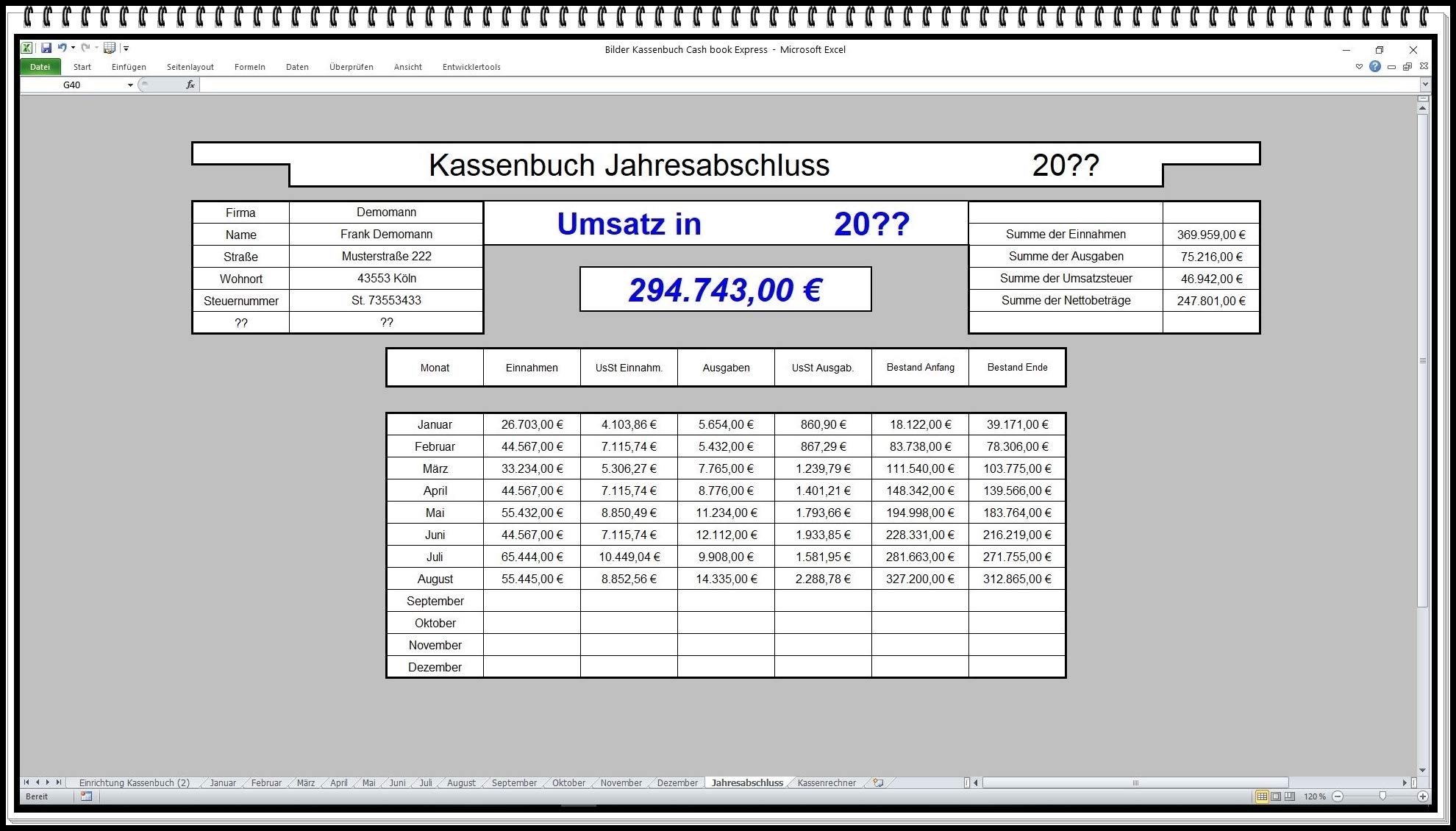 Elektronisches Kassenbuch-Software zur Berechnung von Einnahmen-Ausgaben-Überschuss Excel App auch 5% ud 16% MwSt