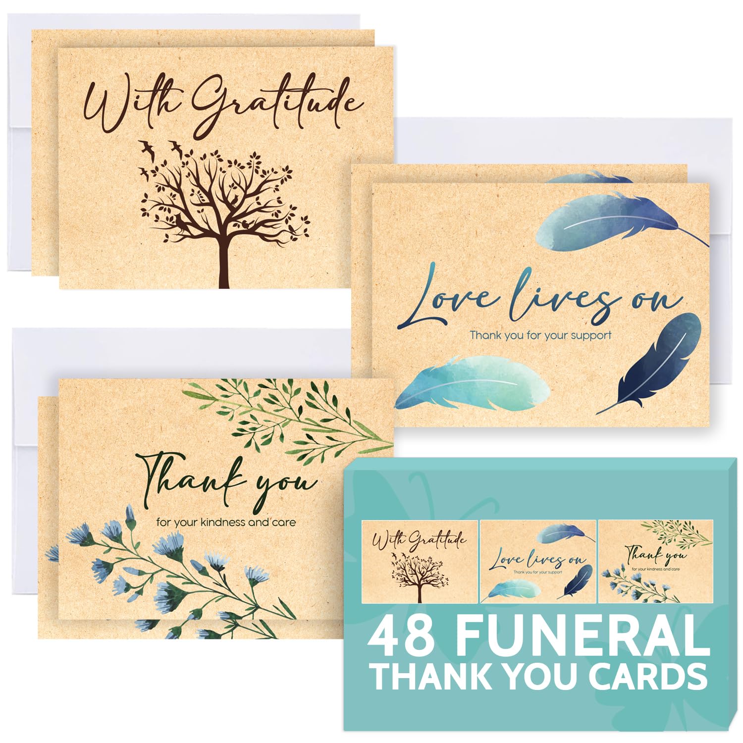 T MARIE 48 Funeral Thank You Cards With Message Inside - 4.5 x 6.25” Rustic Kraft Style Bulk Sympathy Thank You Cards with Envelopes - Bereavement