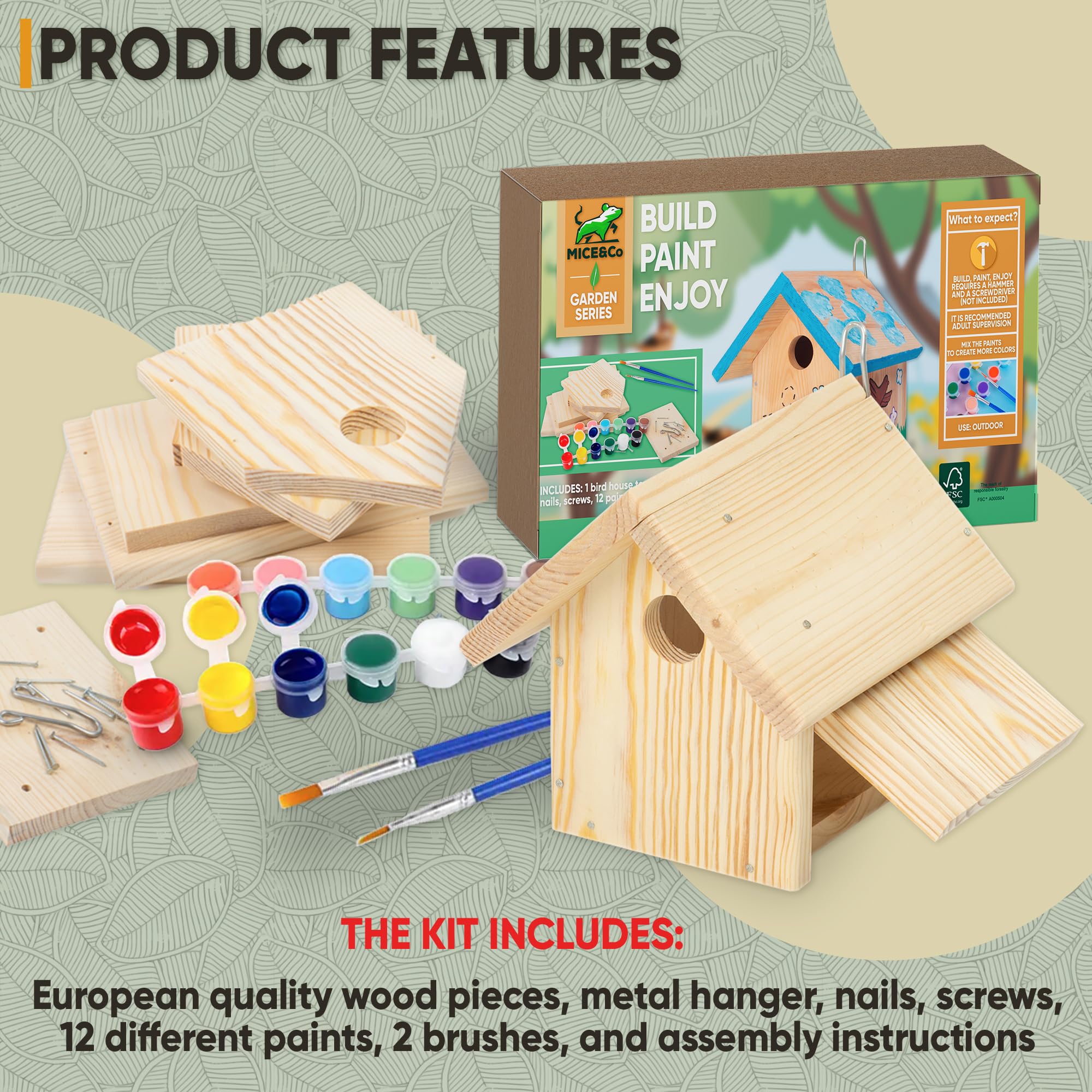 Mice&Co DIY Bird House - Wooden Bird House for Painting, Nesting Box Kit, Mounting Kit with Colours, Outdoor Bird House for Painting, Craft Set, Bird House for the Garden, Ecological Bird Protection - Image 2