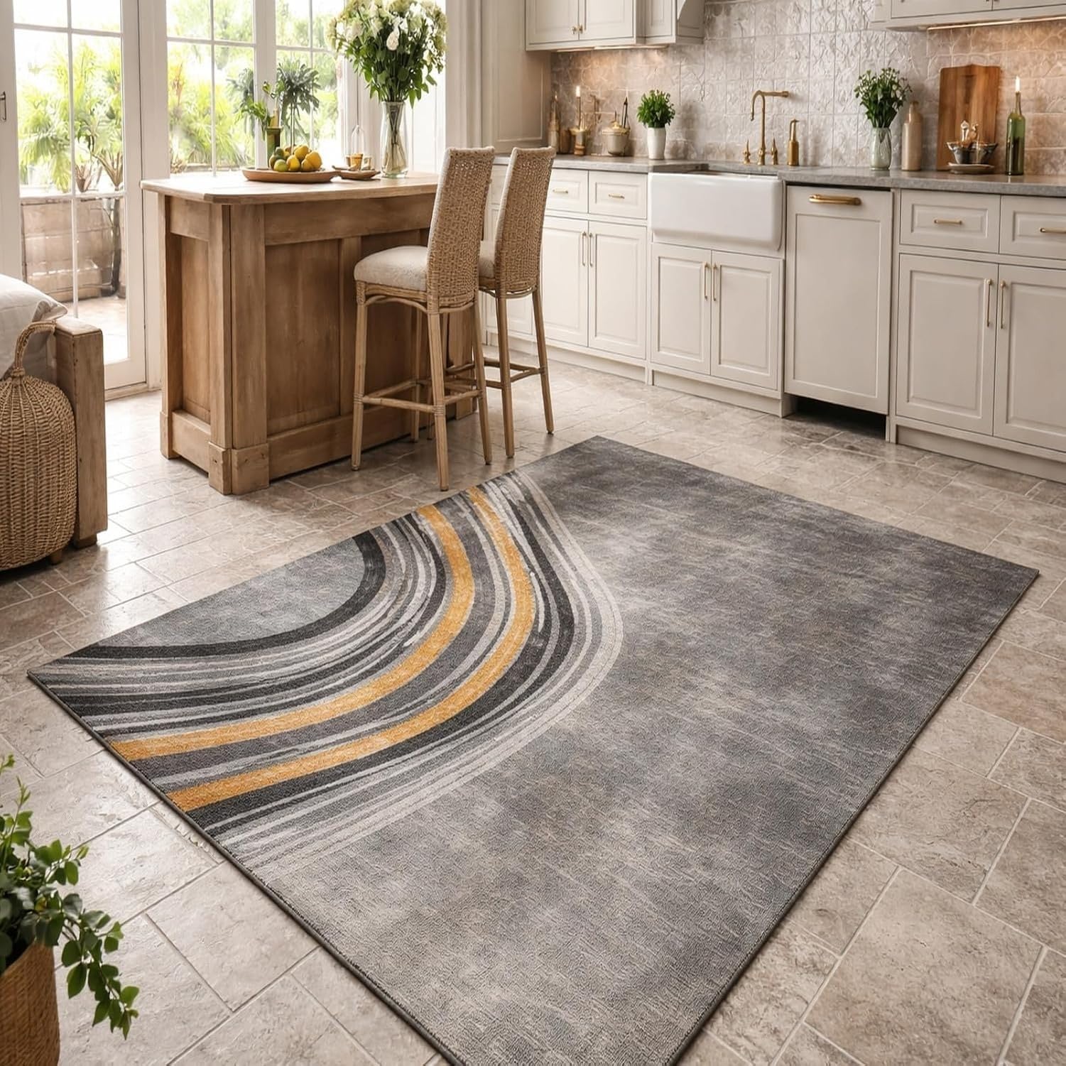 Tapis Lavable Salon Abstrait Moderne Gris Jaune, Gris, 160 x 230 cm