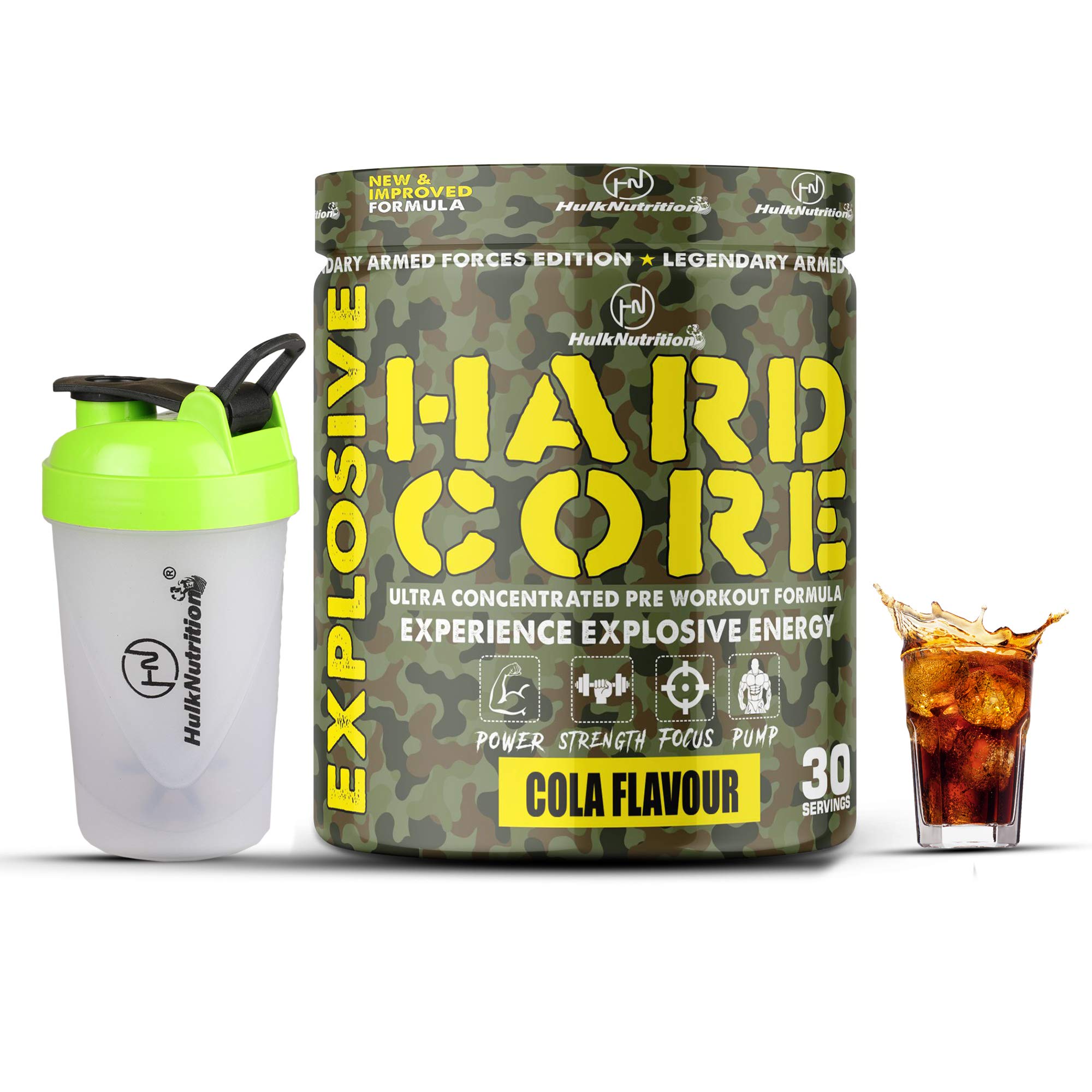 Hulk Nutrition Hardcore Pre-Workout with Beta-Alanine, Creatine Monohydrate, L-Citrulline, L-Arginine & AAKG for Lean Muscles Building, Strength, Mental Focus, Energy | Explosive, Powerful & Hyper Pumps | Caffeinated Fuel Punch for Men, Women & Athletes [30 Servings, Cola] Free Gym Shaker Sipper Bottle