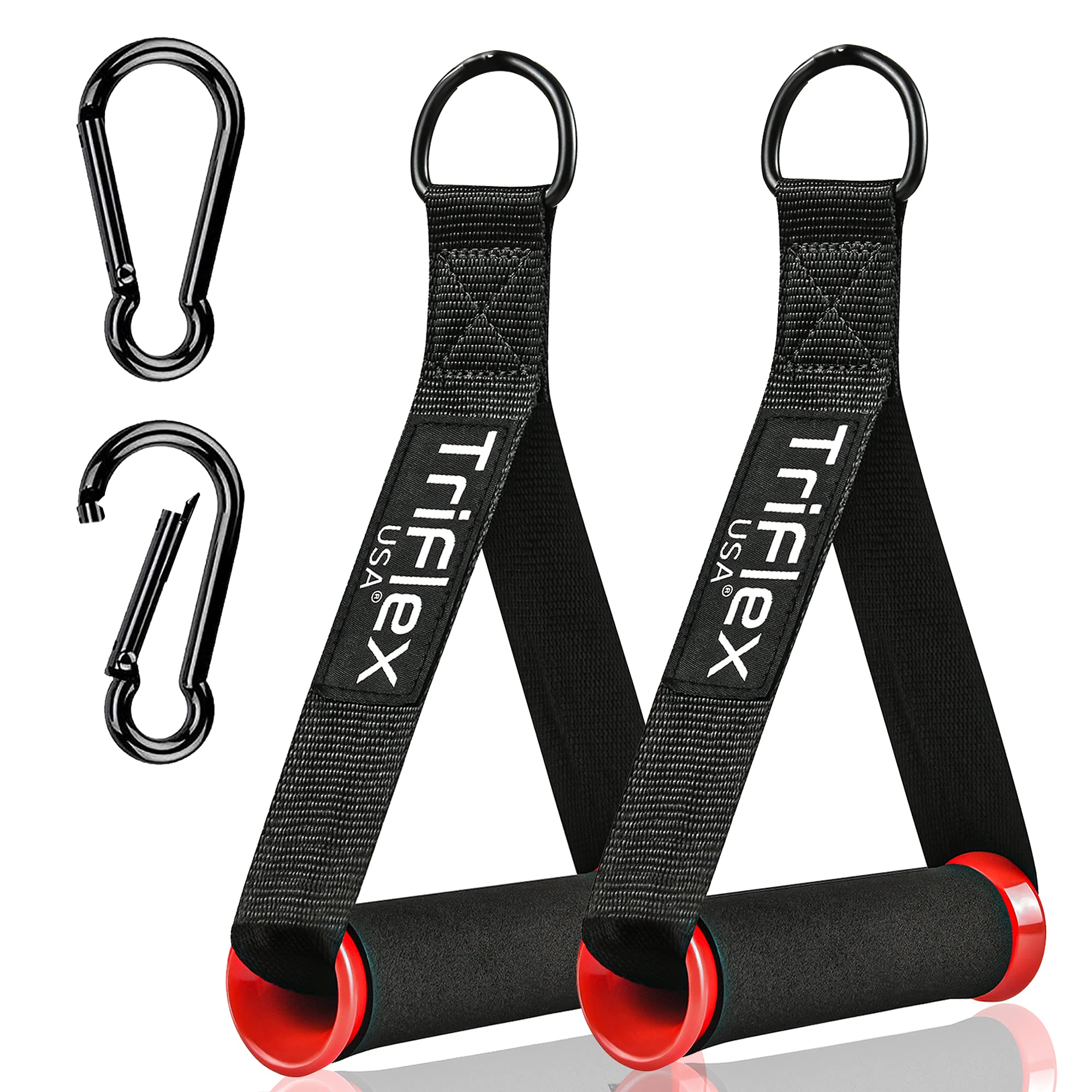 TriFlexUSA Elite Resistance Band Handles with Black Clips – 2 pcs Heavy Duty Handles with Strong Carabiners – Gym Cable Machine Handles – Premium Handles for Resistance Bands for Fitness Machines