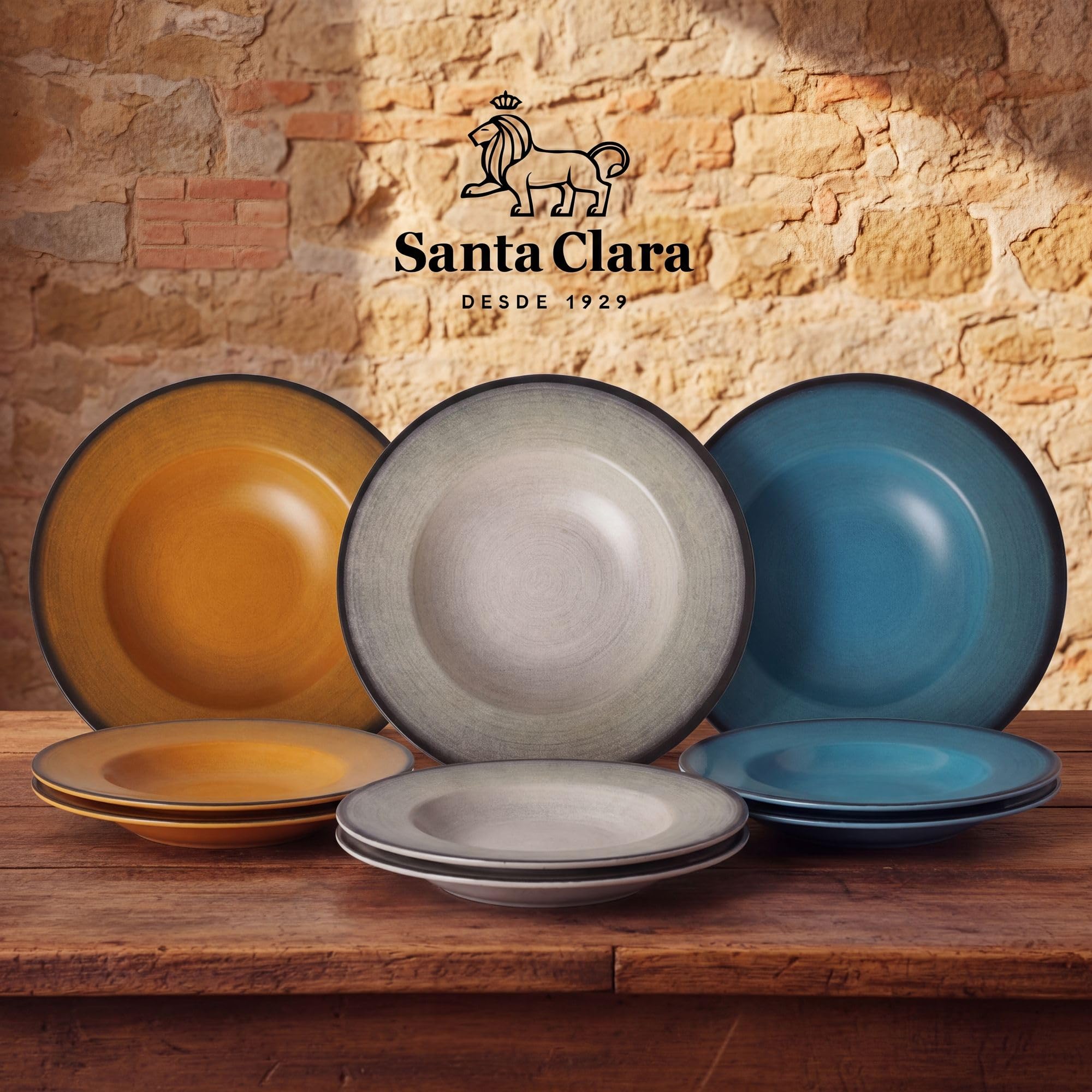 SANTA CLARA | Set de 6 Platos Hondos para Pasta 28 cm Cerámica Stoneware Piamonte, Vajilla para Hogar y Cocina, Ideal para Raciones Generosas, Apto Microondas y Lavavajillas, Resistente