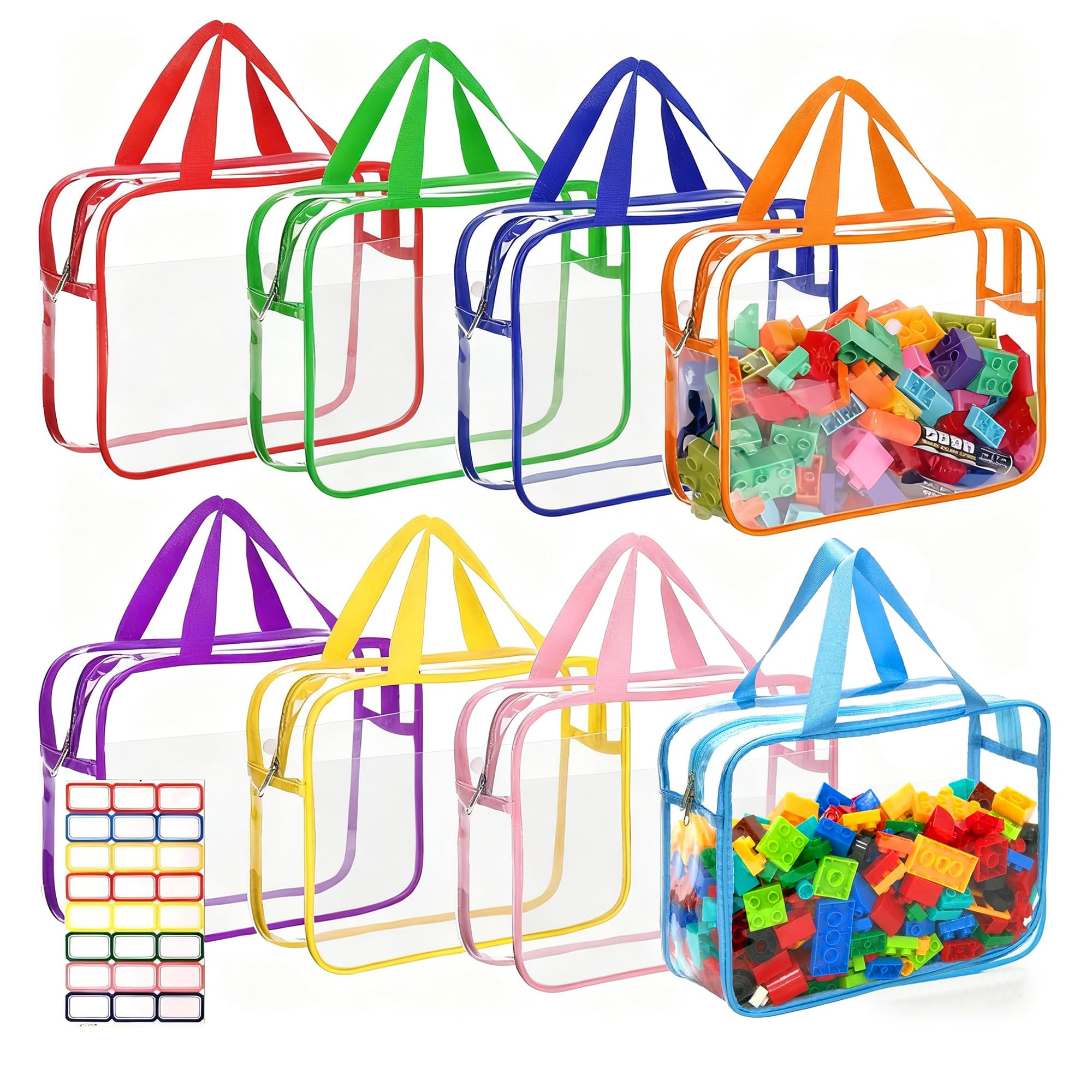 Toy Storage Bags with Zipper and Handle: 8 Colors Waterproof PVC Toy Organizing Bags with Label Stickers 30x10x22cm Reusable Toys Bag for Storage Building Blocks Cars Puzzles