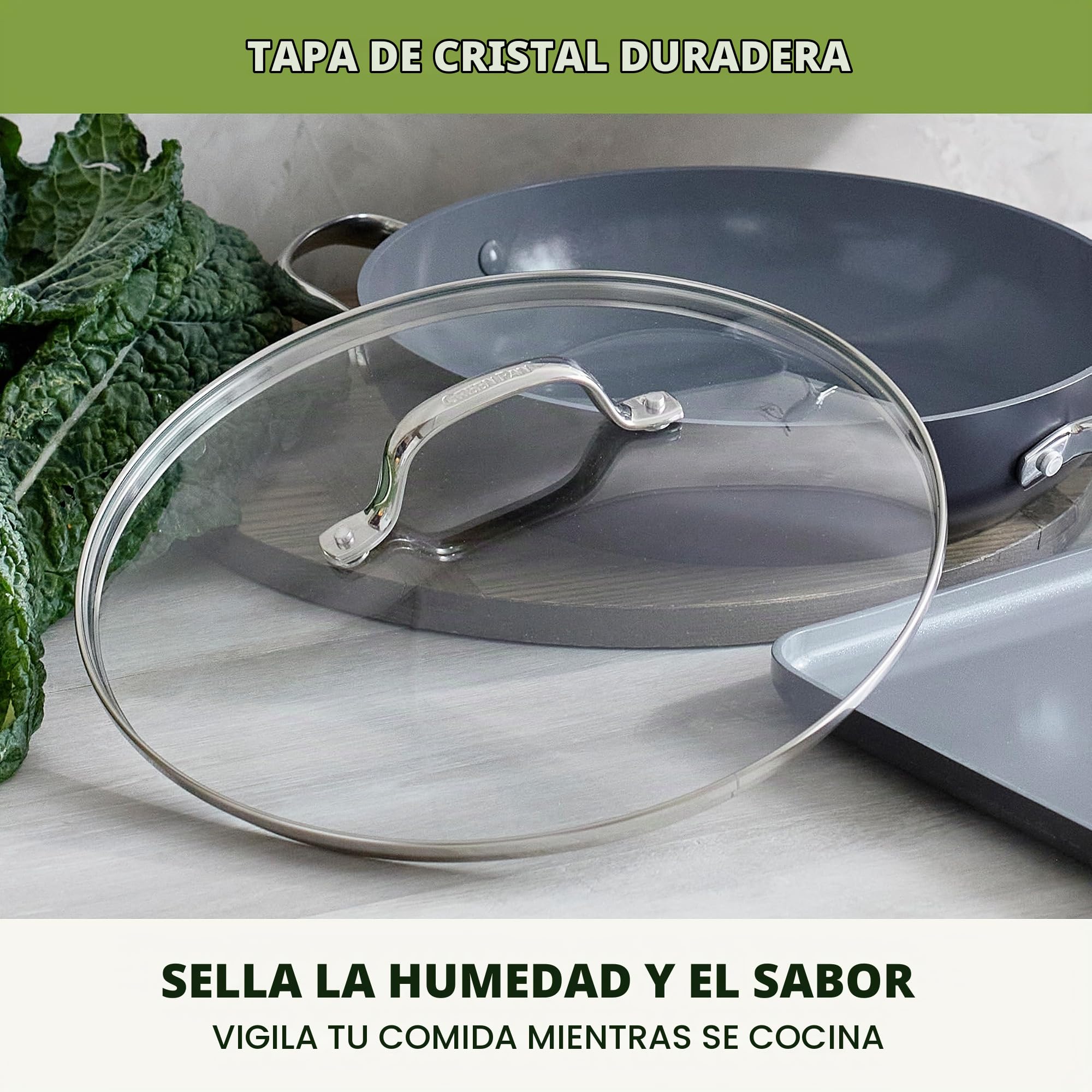 GreenPan Valencia Pro Sartén de 28 cm con Tapa, Cerámica Saludable Anodizada Dura, Sin PFAS, Inducción, Apta para Lavavajillas, Apta para Horno, Gris